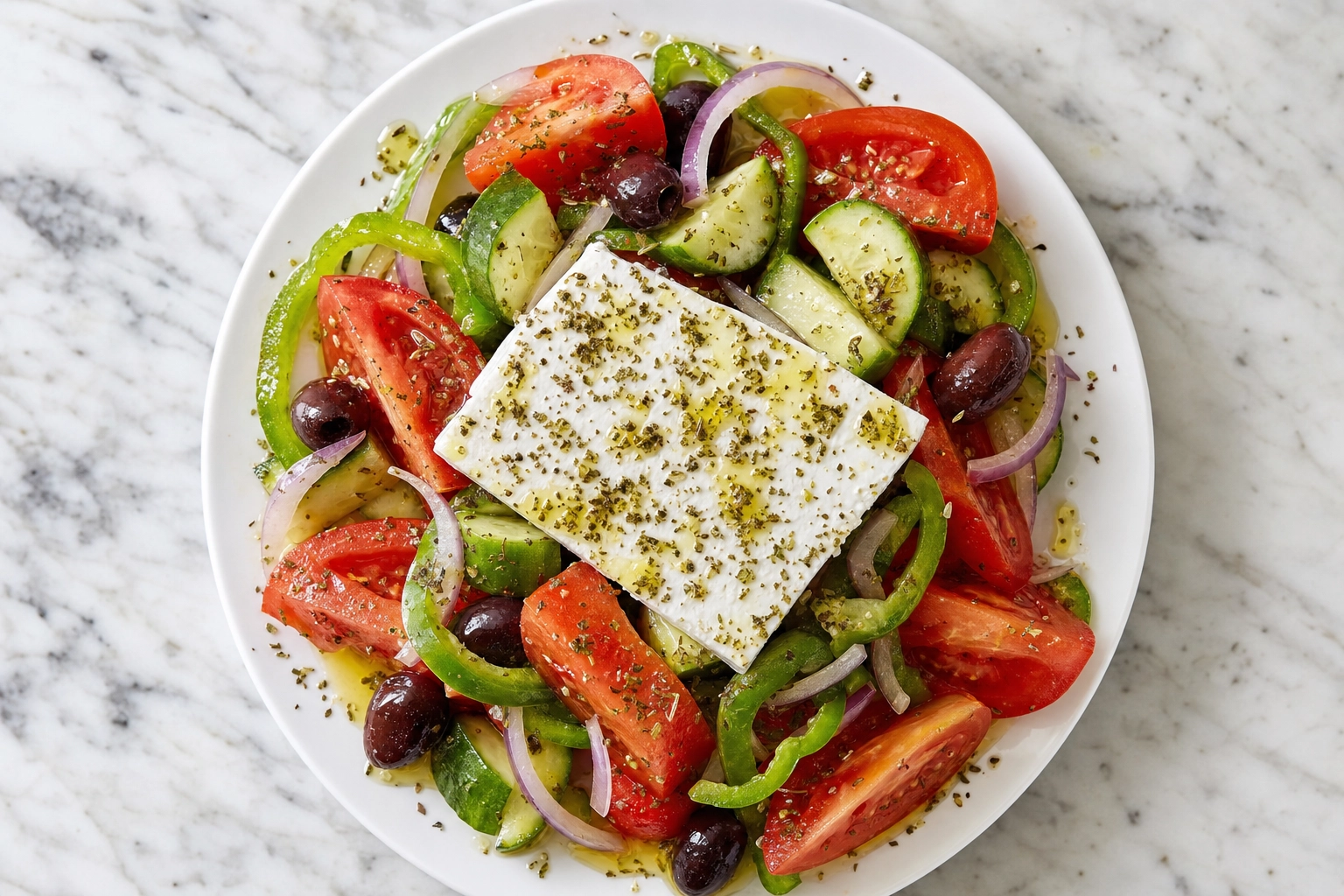 Overhead Greek horiatiki salad with tomato, cucumber, olives and a slab of feta on marble