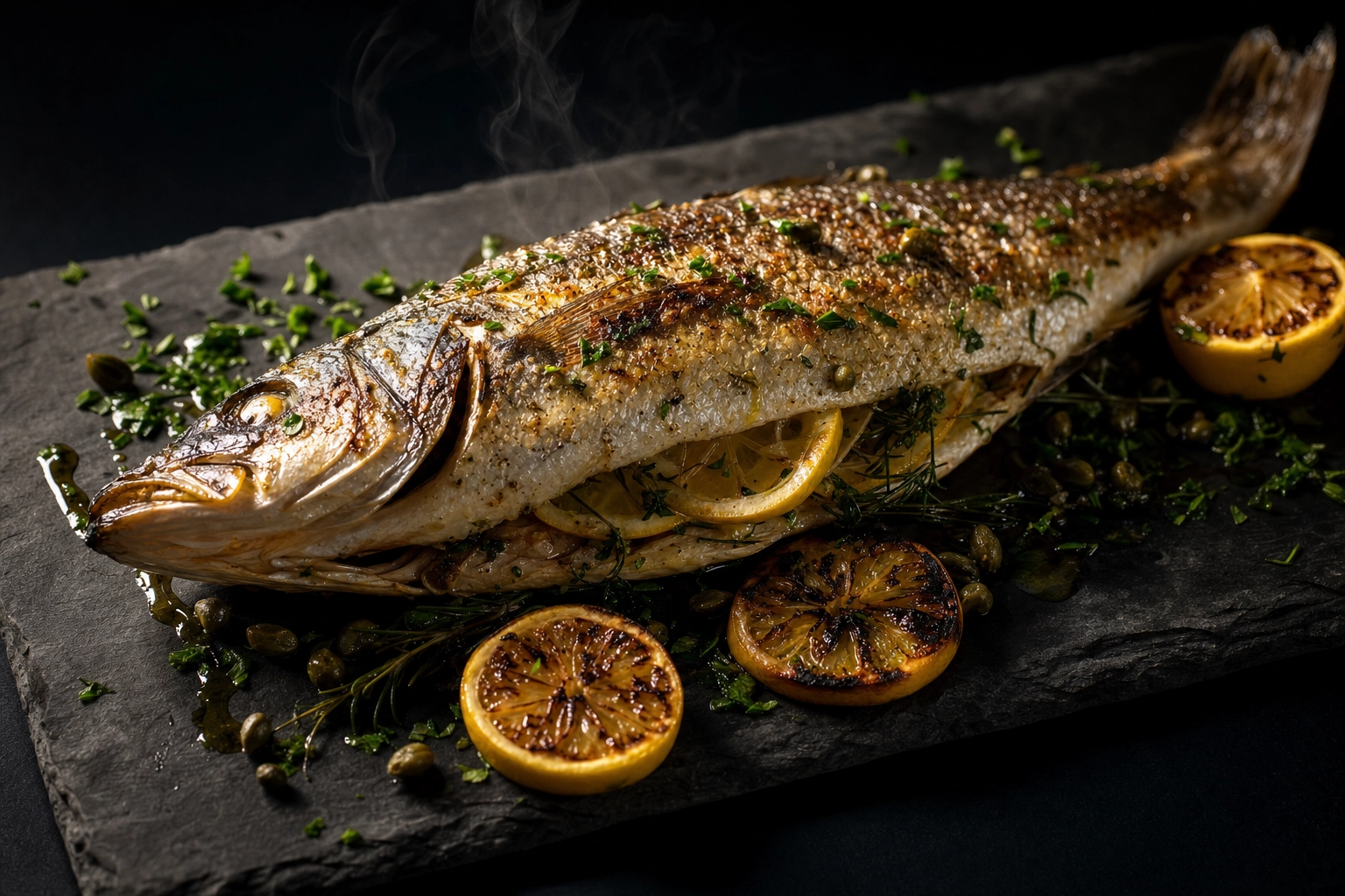 Whole grilled branzino with lemon and herbs on dark slate under dramatic warm side light