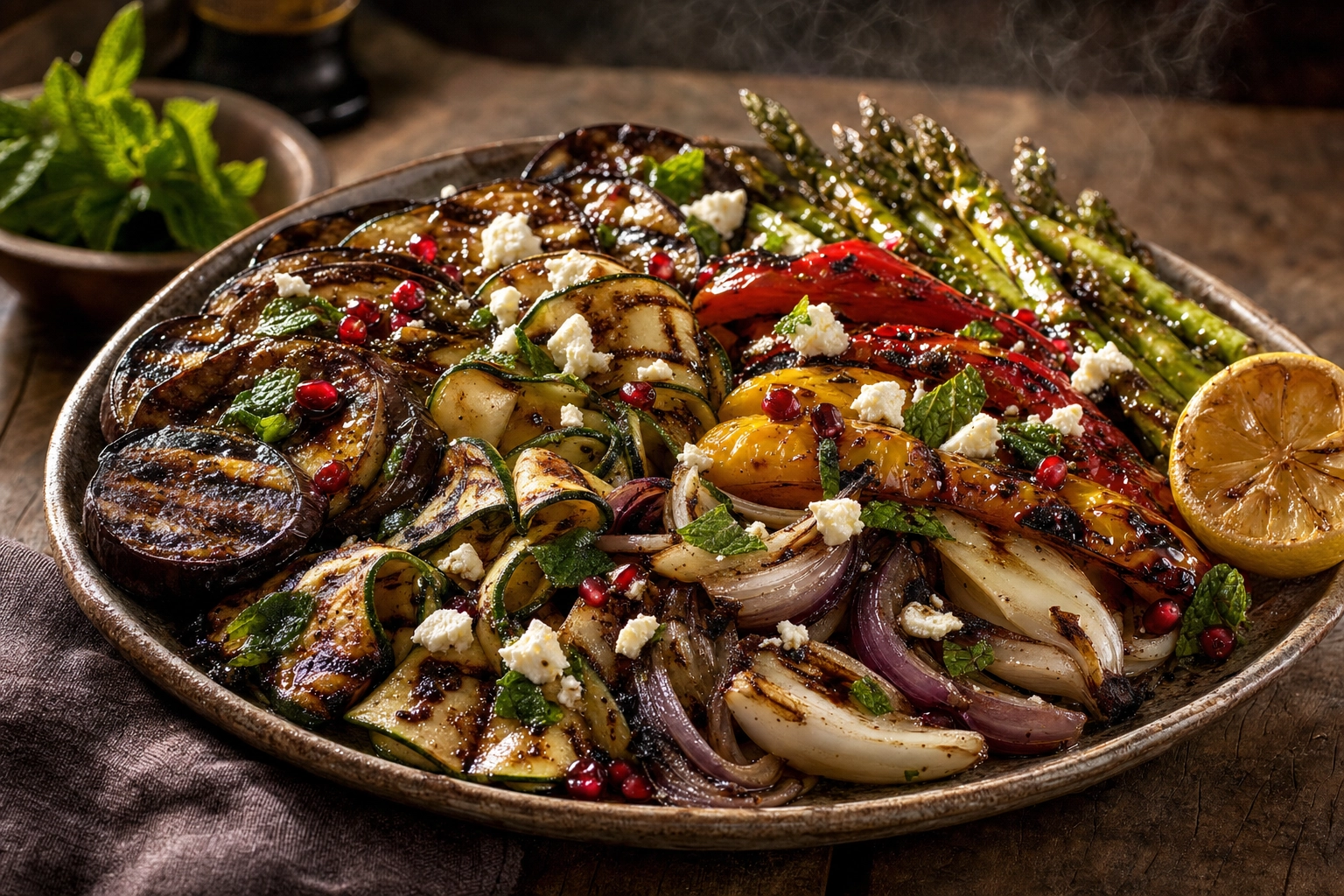 Grilled vegetable platter with charred eggplant, zucchini, peppers, feta and herbs in warm light