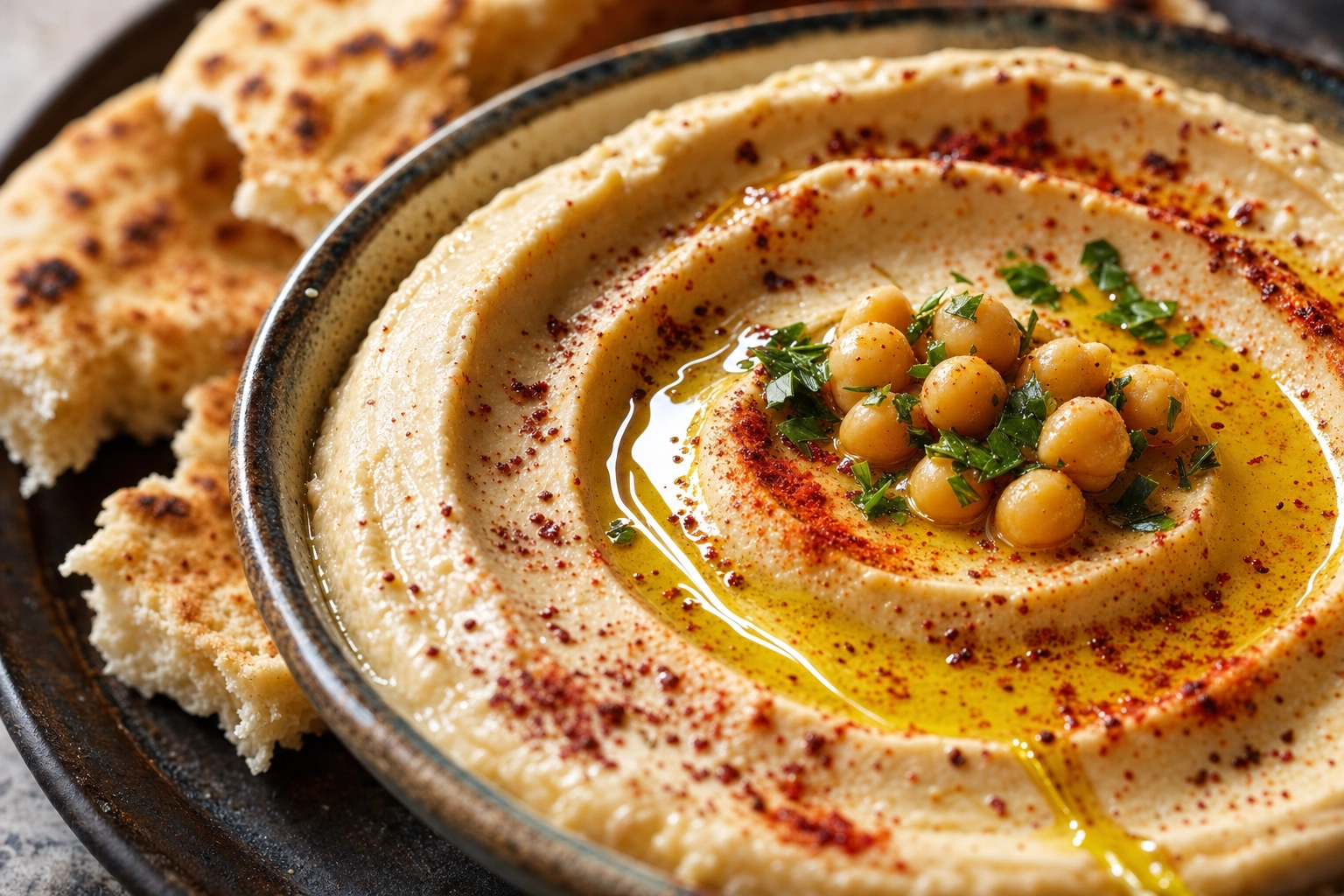 Close-up of hummus with a spiral swirl, olive oil pool, sumac and chickpeas beside warm pita