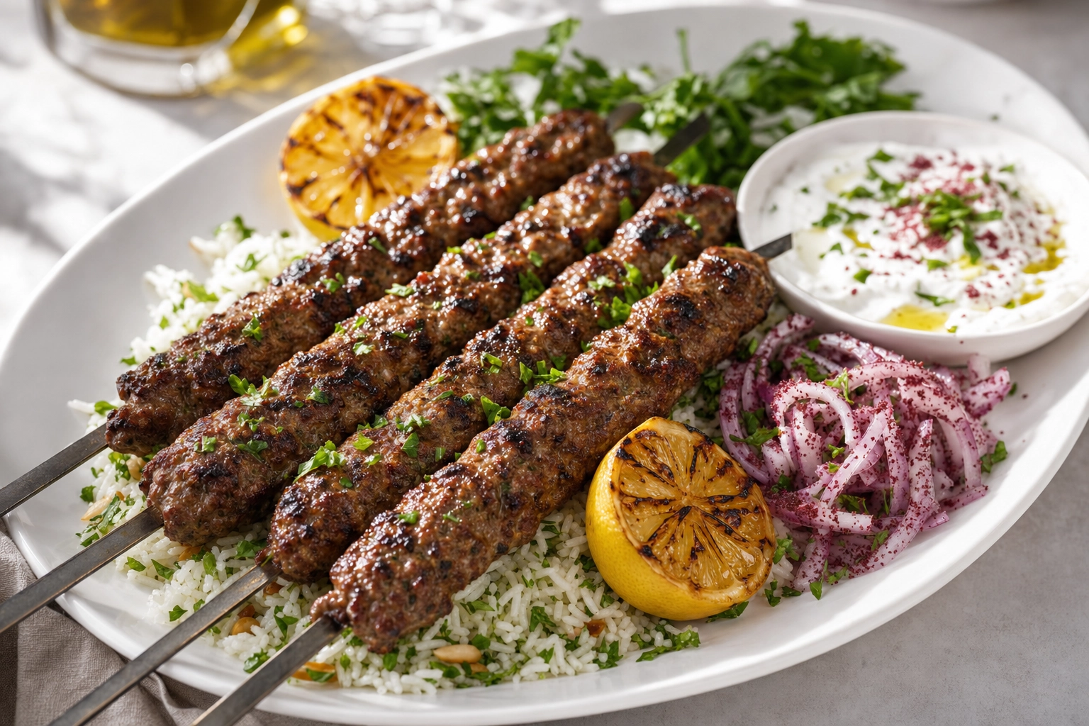 Grilled lamb kofta kebab skewers on a platter with herbed rice, yogurt sauce and sumac onions