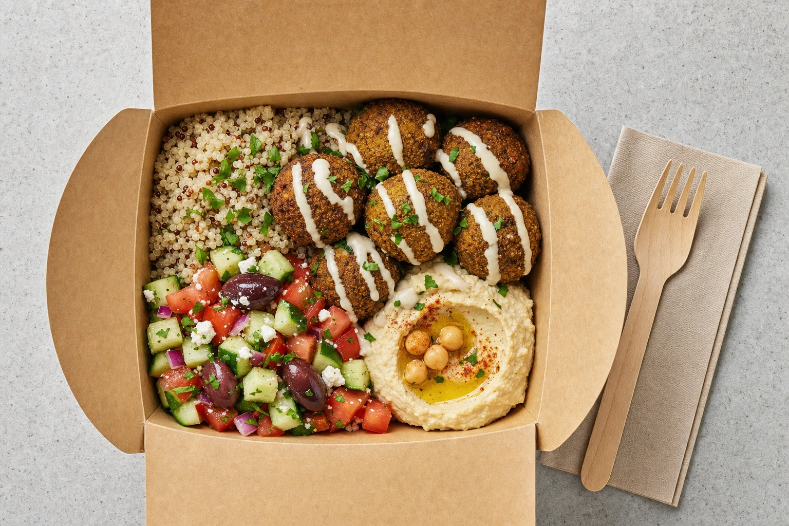 Overhead Mediterranean grain bowl in a kraft takeout container with falafel, hummus and salad