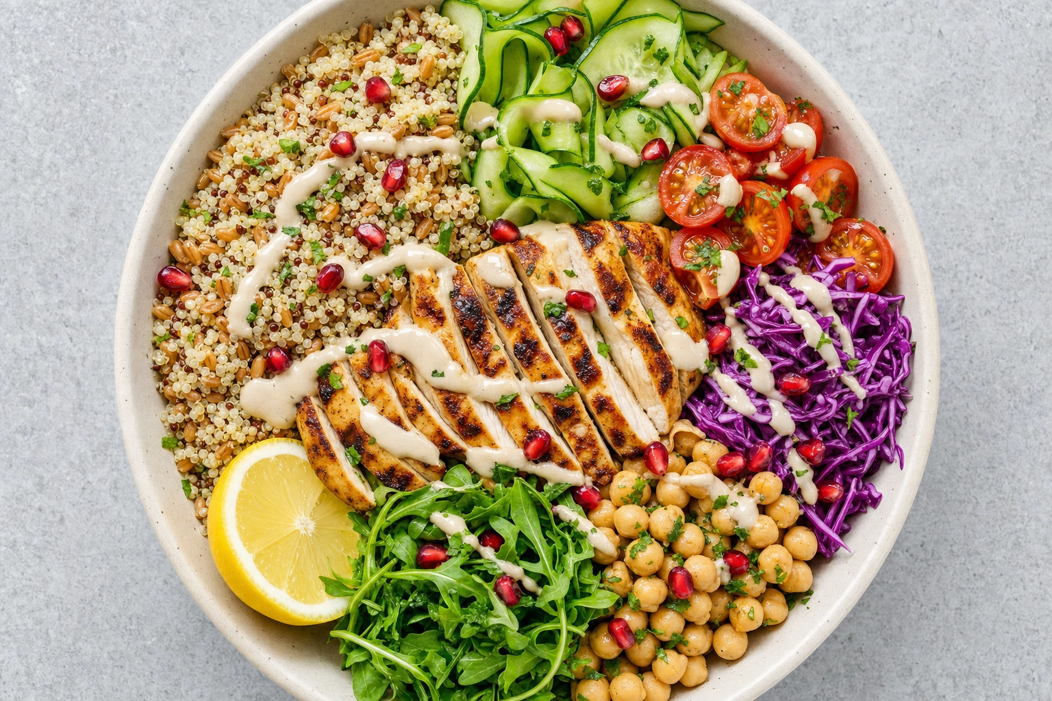 Overhead Mediterranean grain bowl with sectioned quinoa, grilled chicken, vegetables and tahini drizzle