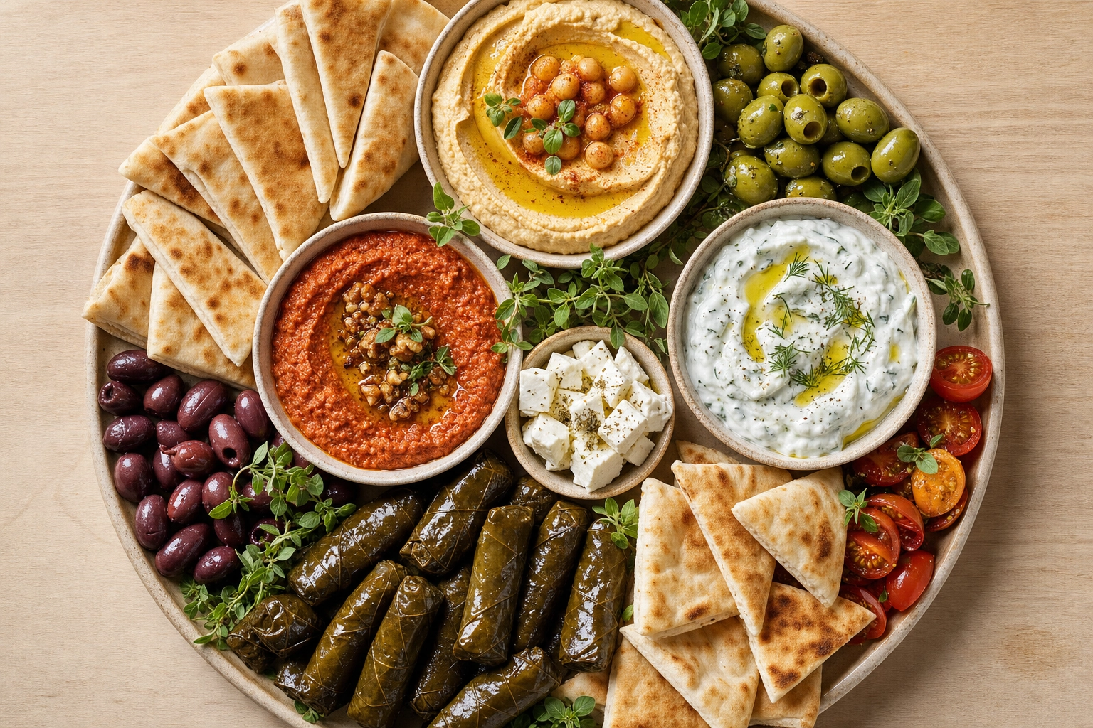 Overhead Lebanese mezze platter on pale wood with hummus, tzatziki, olives, dolmades and pita