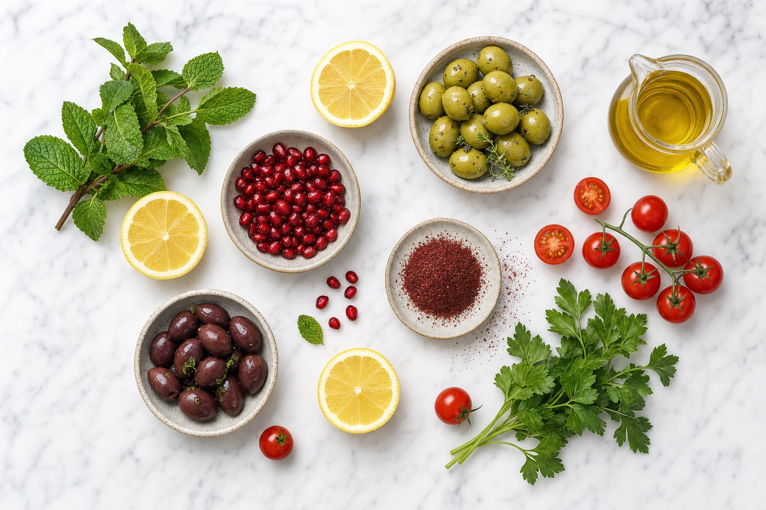 Overhead flat-lay of Mediterranean styling props: lemons, olives, sumac, herbs, pomegranate and olive oil