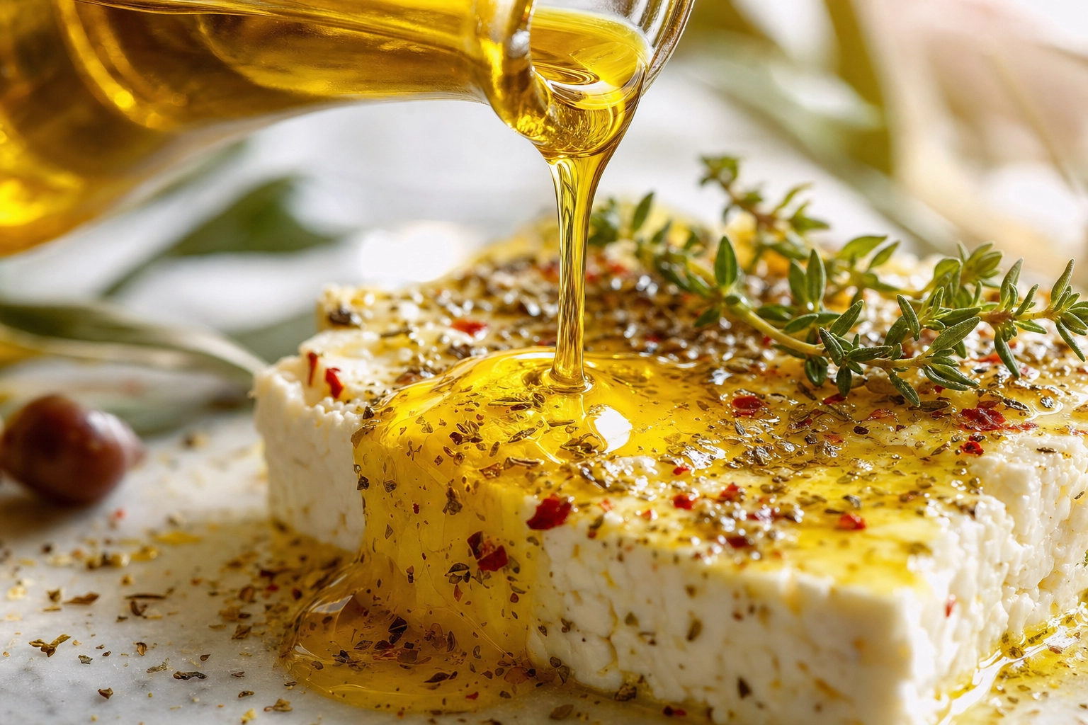 Golden olive oil poured over a slab of feta with oregano and chili, the stream catching the light