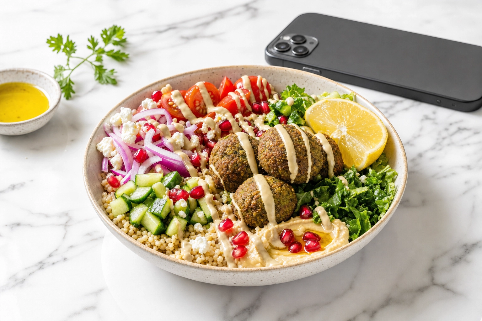 Studio-quality Mediterranean grain bowl on white marble beside a face-down smartphone