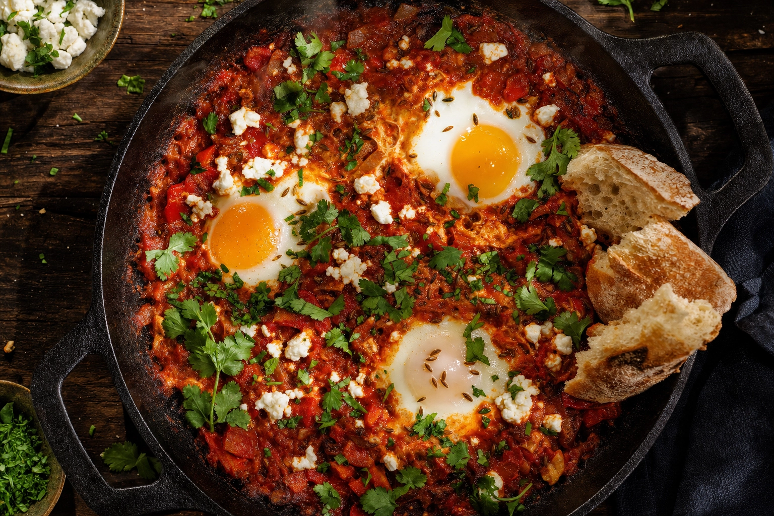 Overhead shakshuka skillet with poached eggs in red tomato sauce, feta and herbs