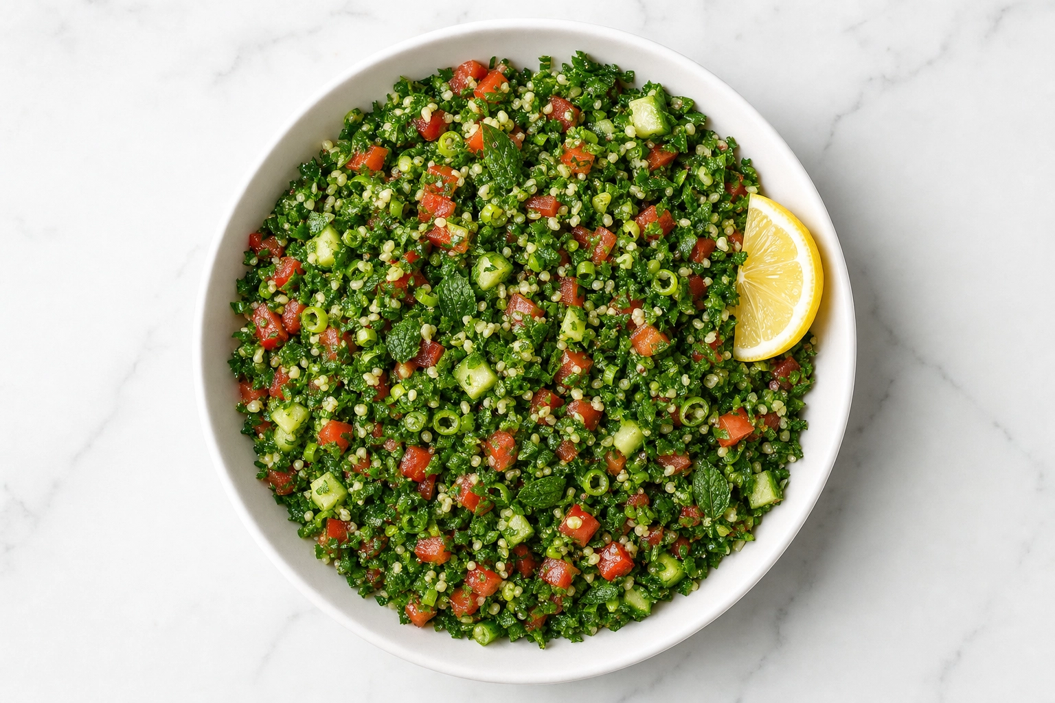 Overhead tabbouleh salad with parsley, tomato, bulgur and lemon in a white bowl on marble
