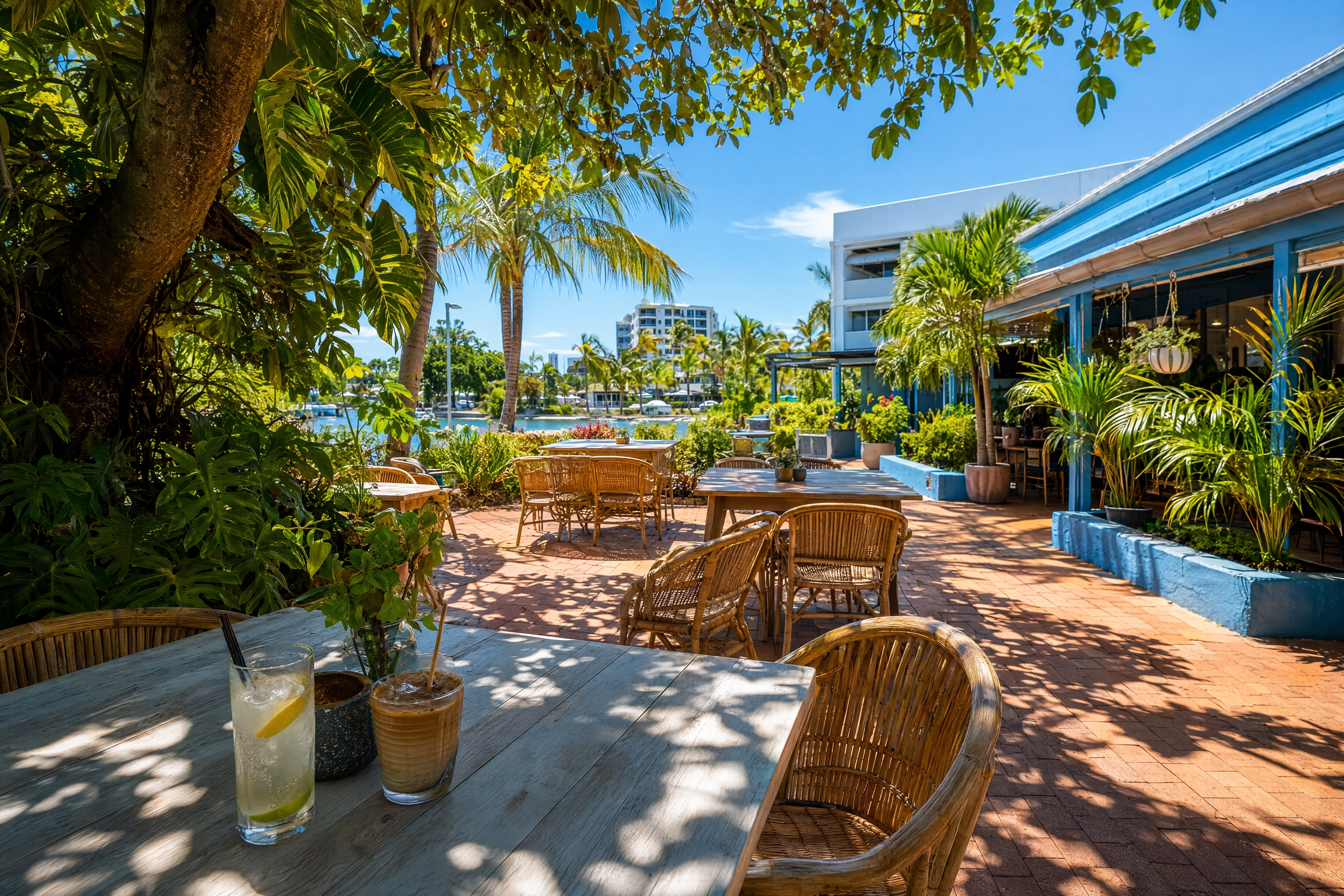 Sunlit subtropical cafe courtyard representing Brisbane and Perth food photography markets