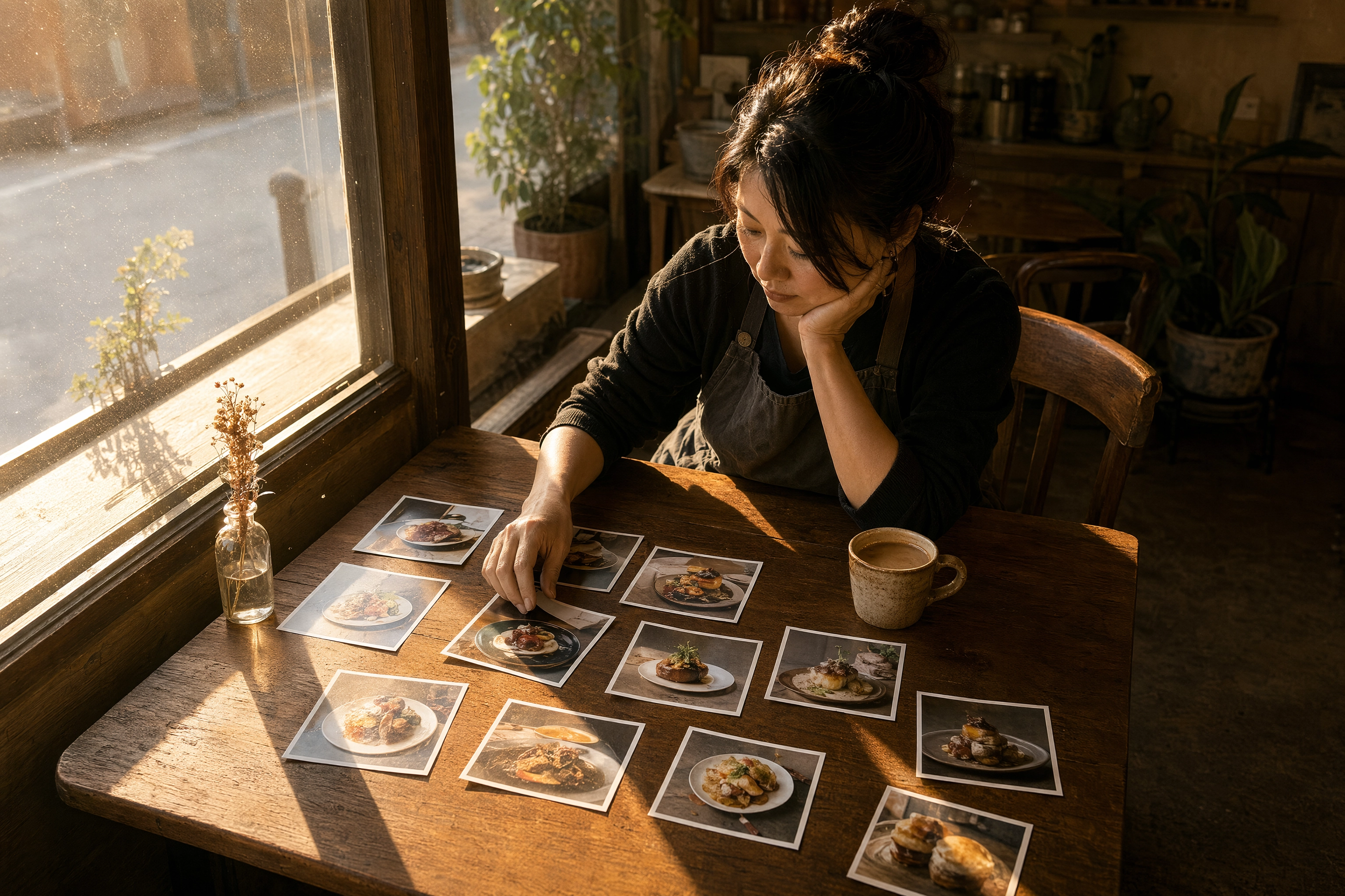 Cafe owner reviewing printed food photos at a table, auditing which menu images still match the kitchen
