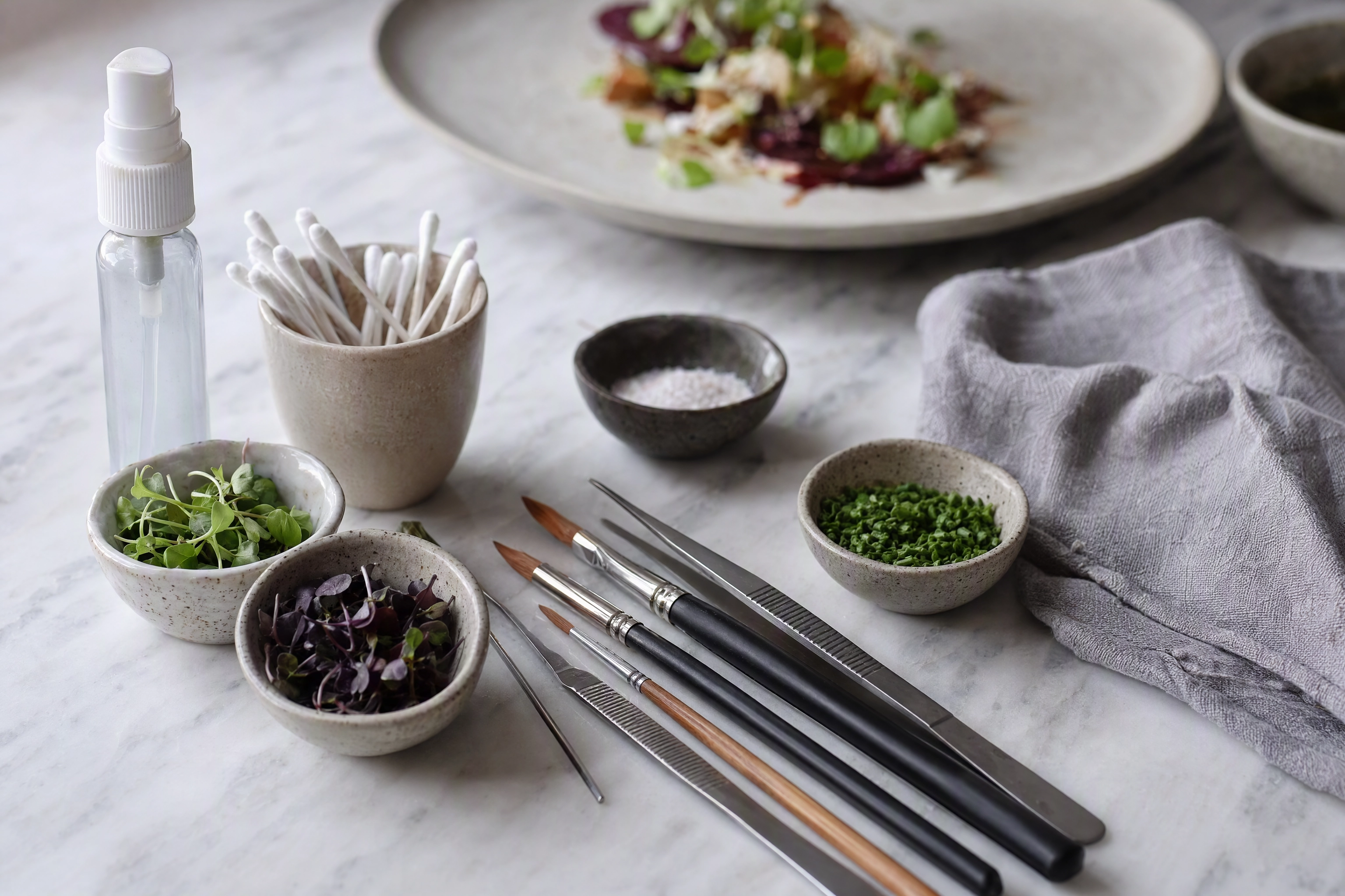 Food stylist toolkit on a marble bench showing the styling craft included in a food photography quote