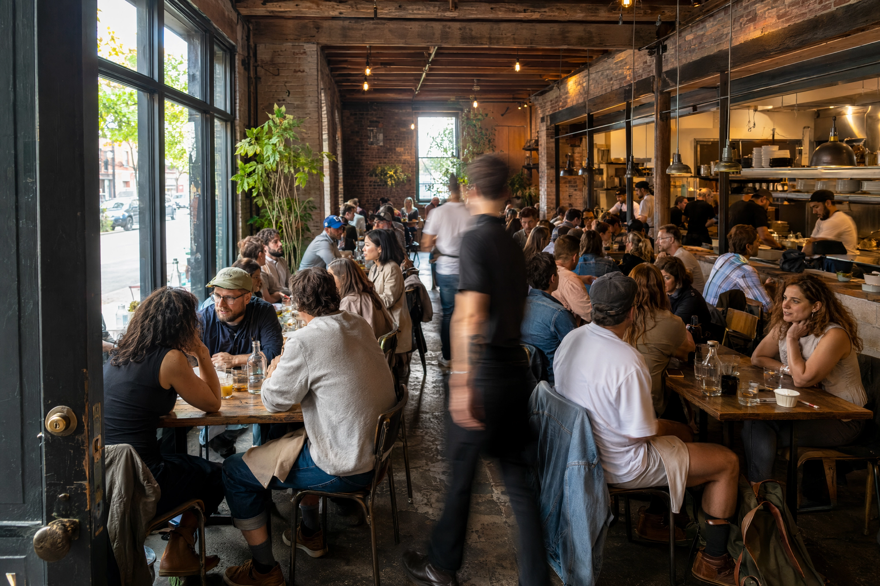 Busy cafe dining room full of customers, the atmosphere and interiors work that needs a real photographer