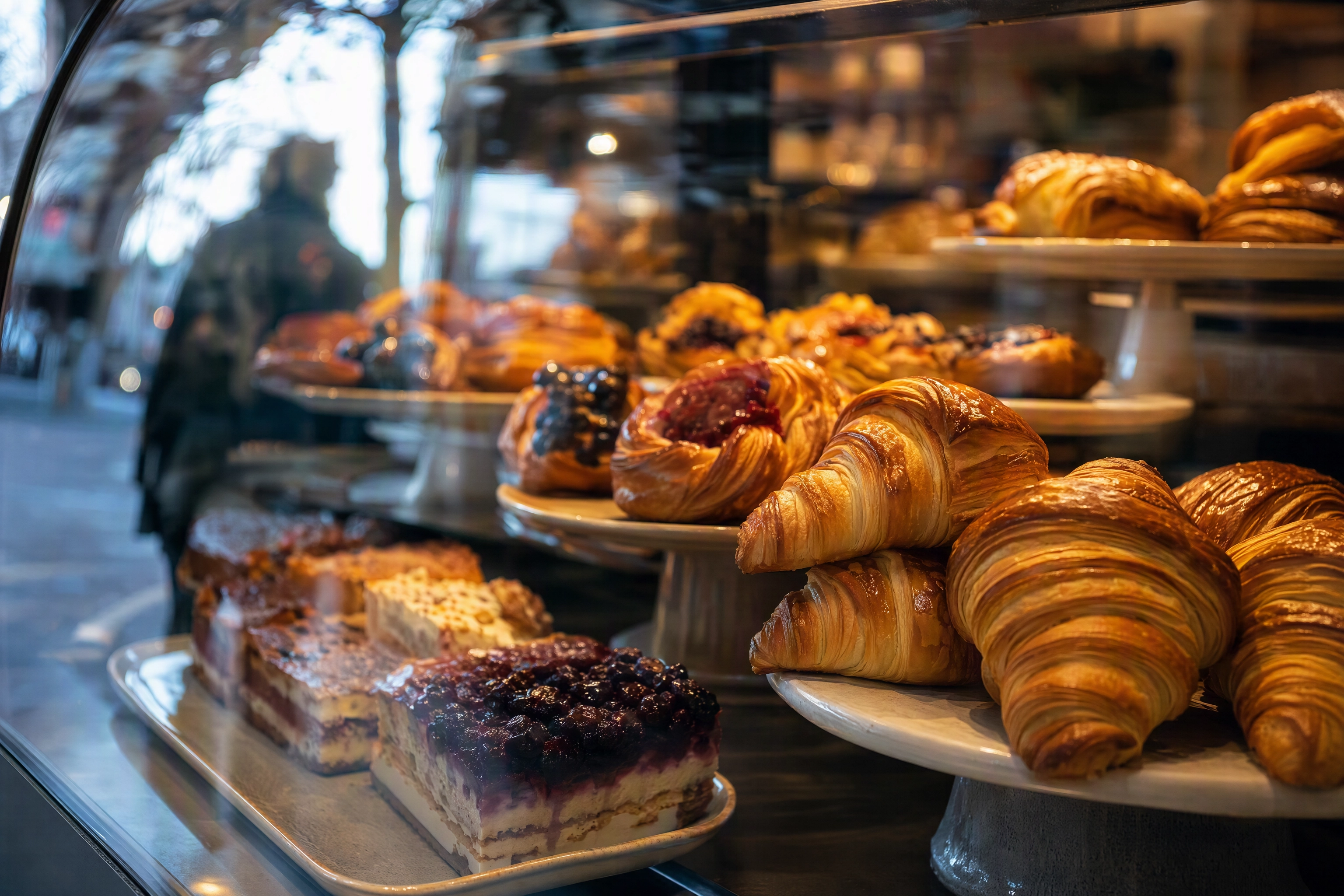Cafe pastry cabinet seen through glass at eye level, where food presentation acts as the storefront