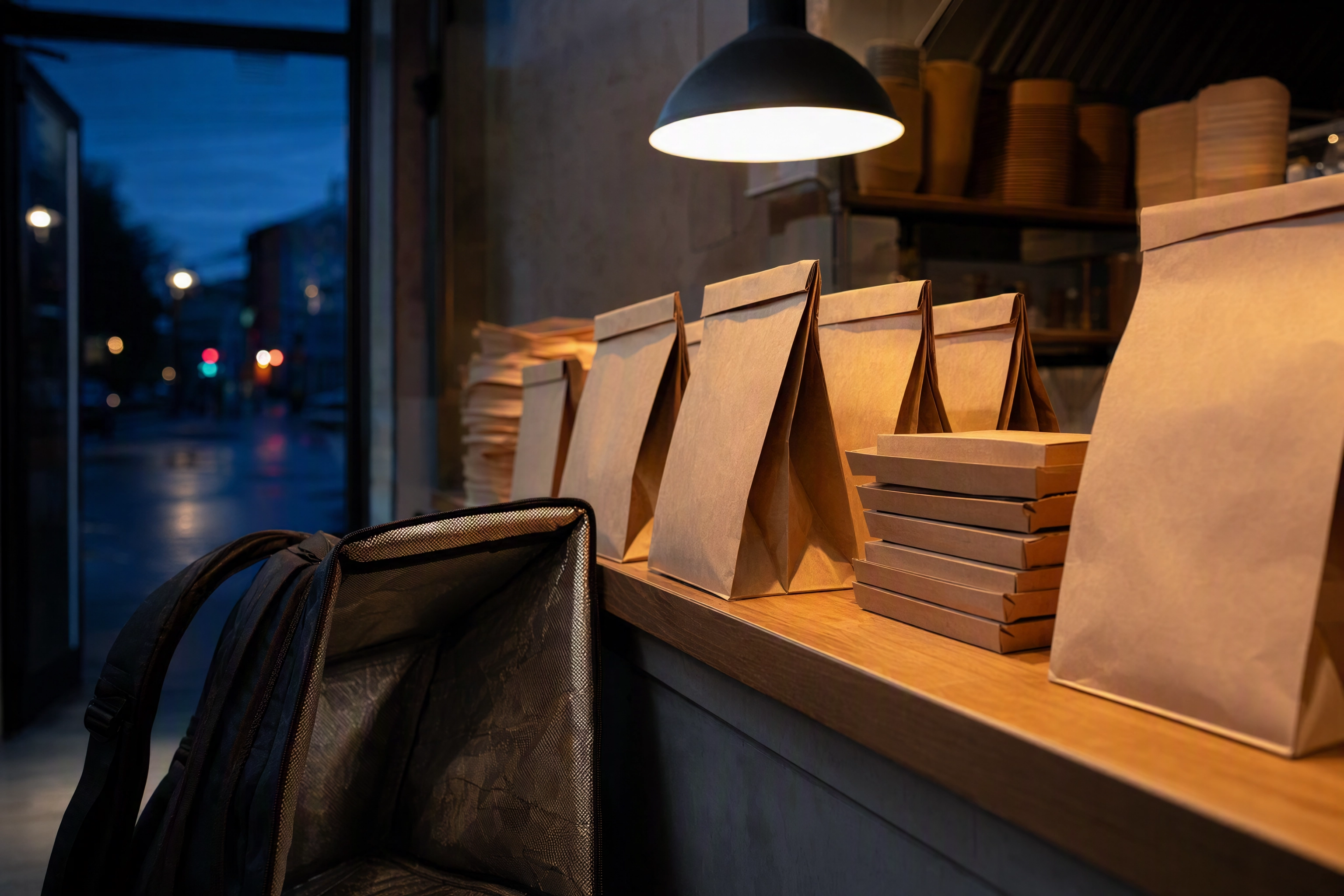 Delivery bags on a takeaway counter at dusk, the listings that need constantly refreshed food photography