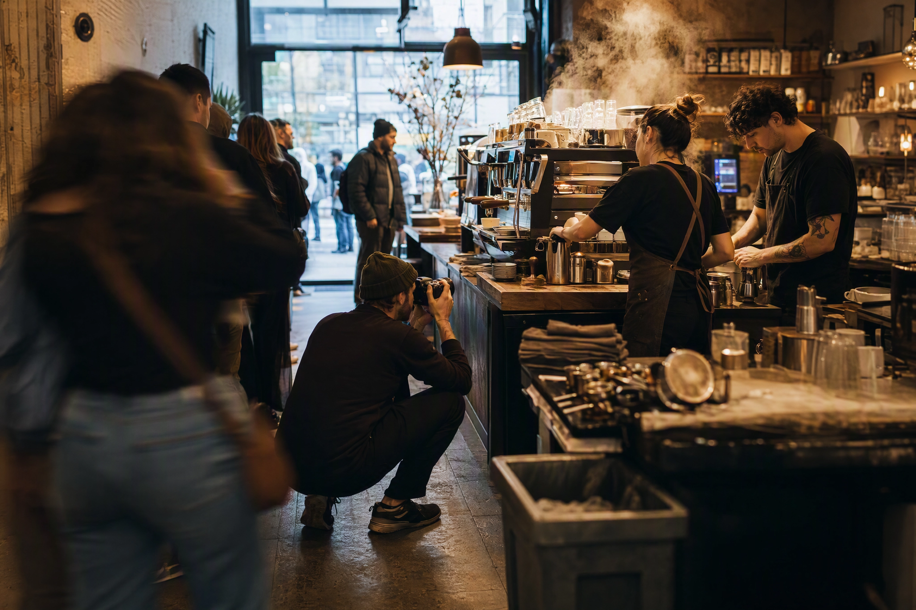 Photographer shooting baristas at an espresso machine, the venue and people work AI cannot replace