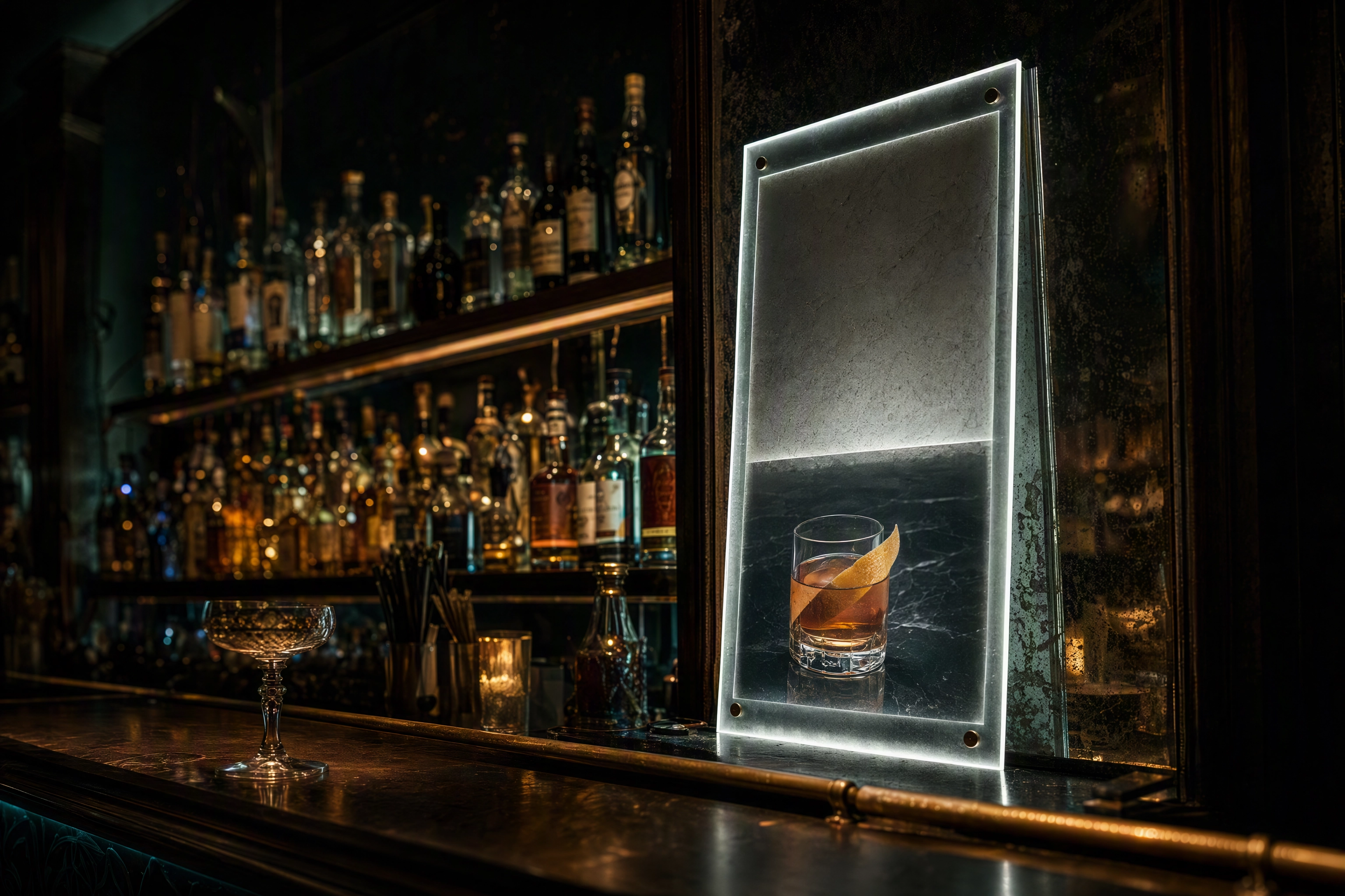 Backlit acrylic cocktail menu board idea glowing on a back bar with one photographed signature serve