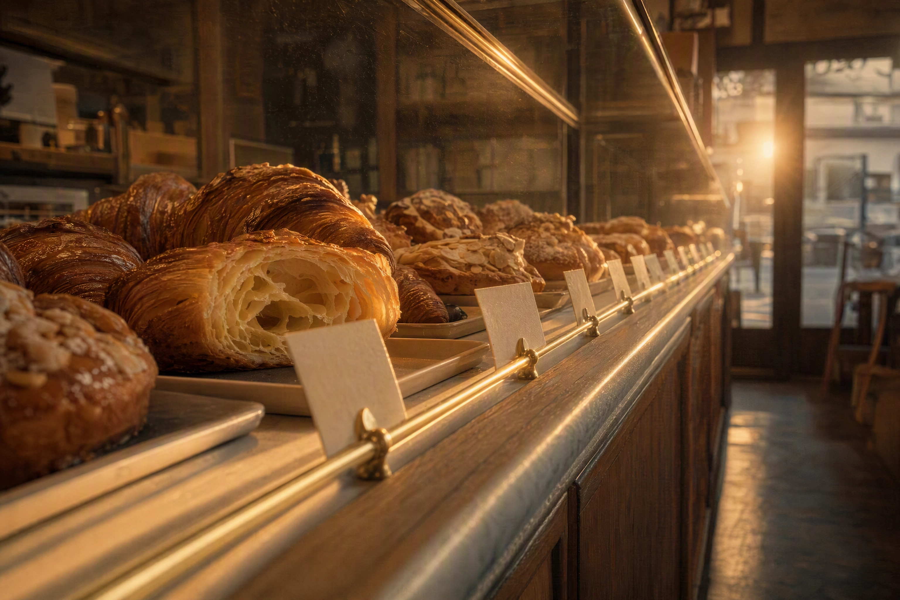 Bakery menu board idea: a brass card rail along the pastry case lip with a card at every tray