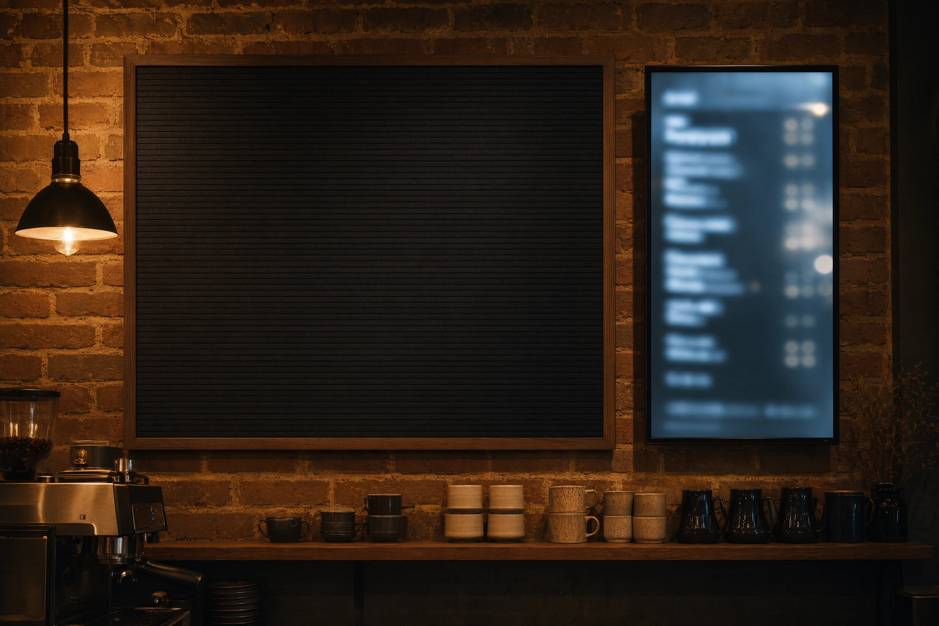 Cafe menu board idea: a felt letter board for the core list beside one small portrait specials screen