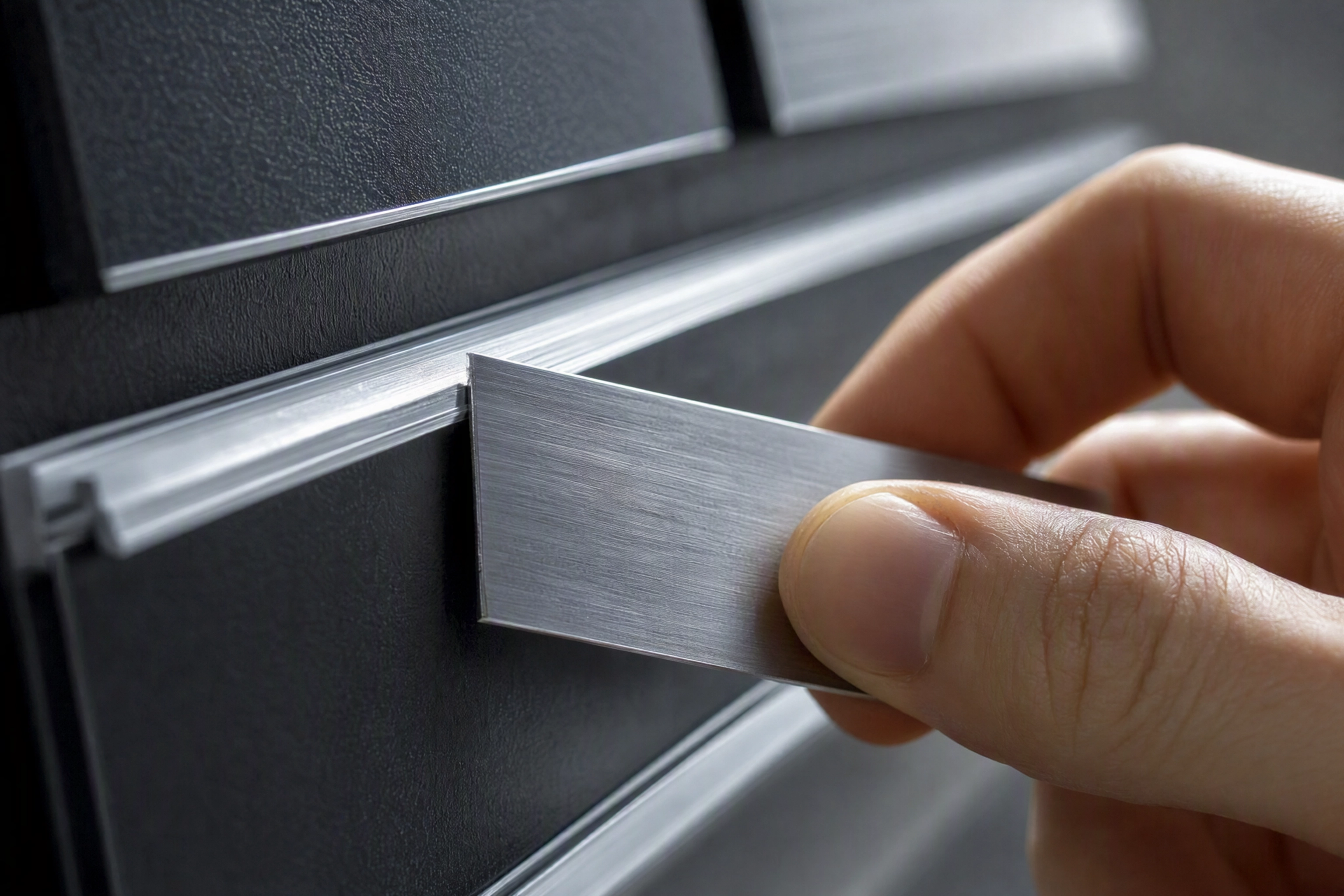 Hand sliding a price strip out of a rail-and-tile menu board, the fastest menu board idea to reprice