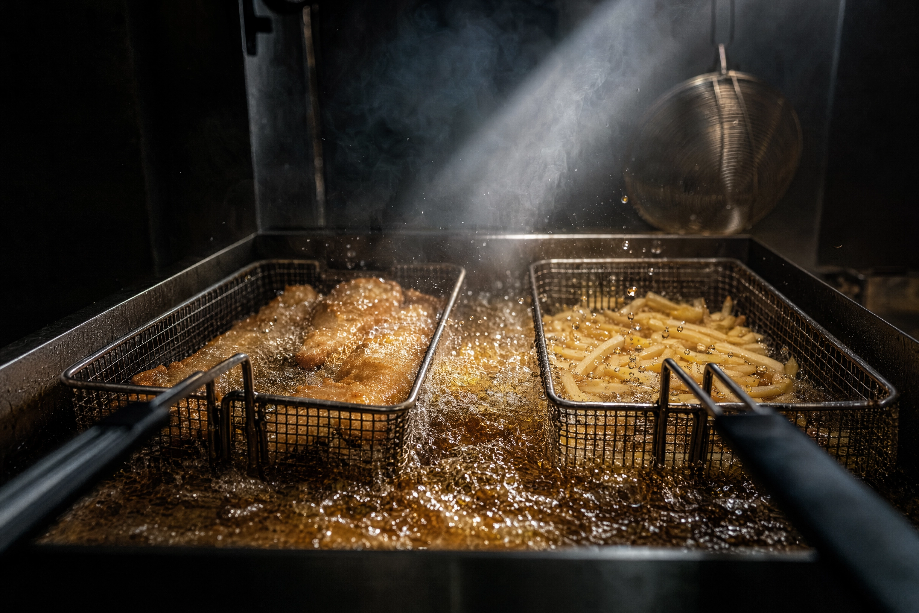 Battered fish and plain potatoes frying in one shared vat of oil, the cross-contact problem behind gluten-free menu wording