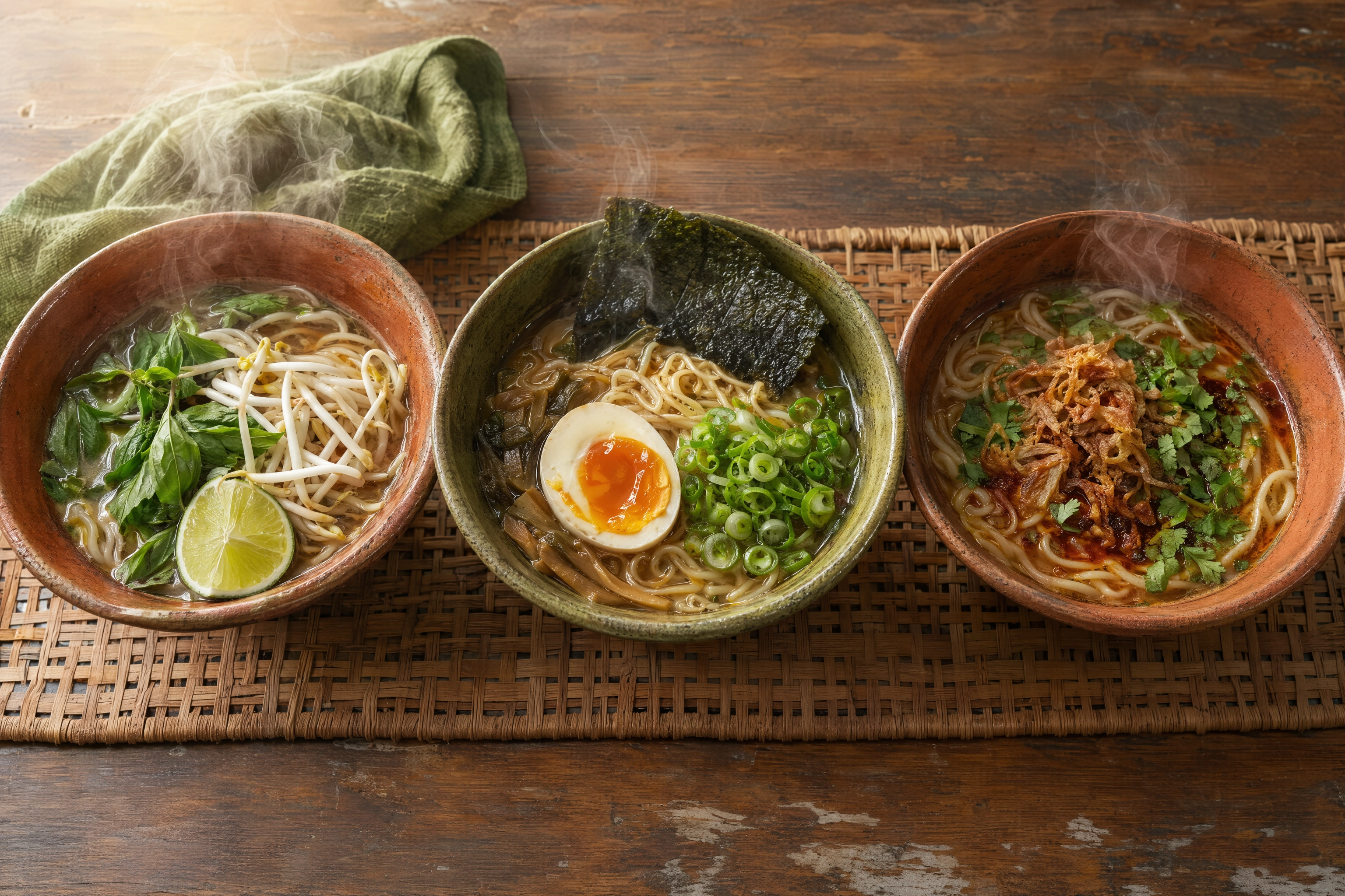 Three similar noodle soups from different cuisines side by side, showing why menu language must stay cuisine-specific