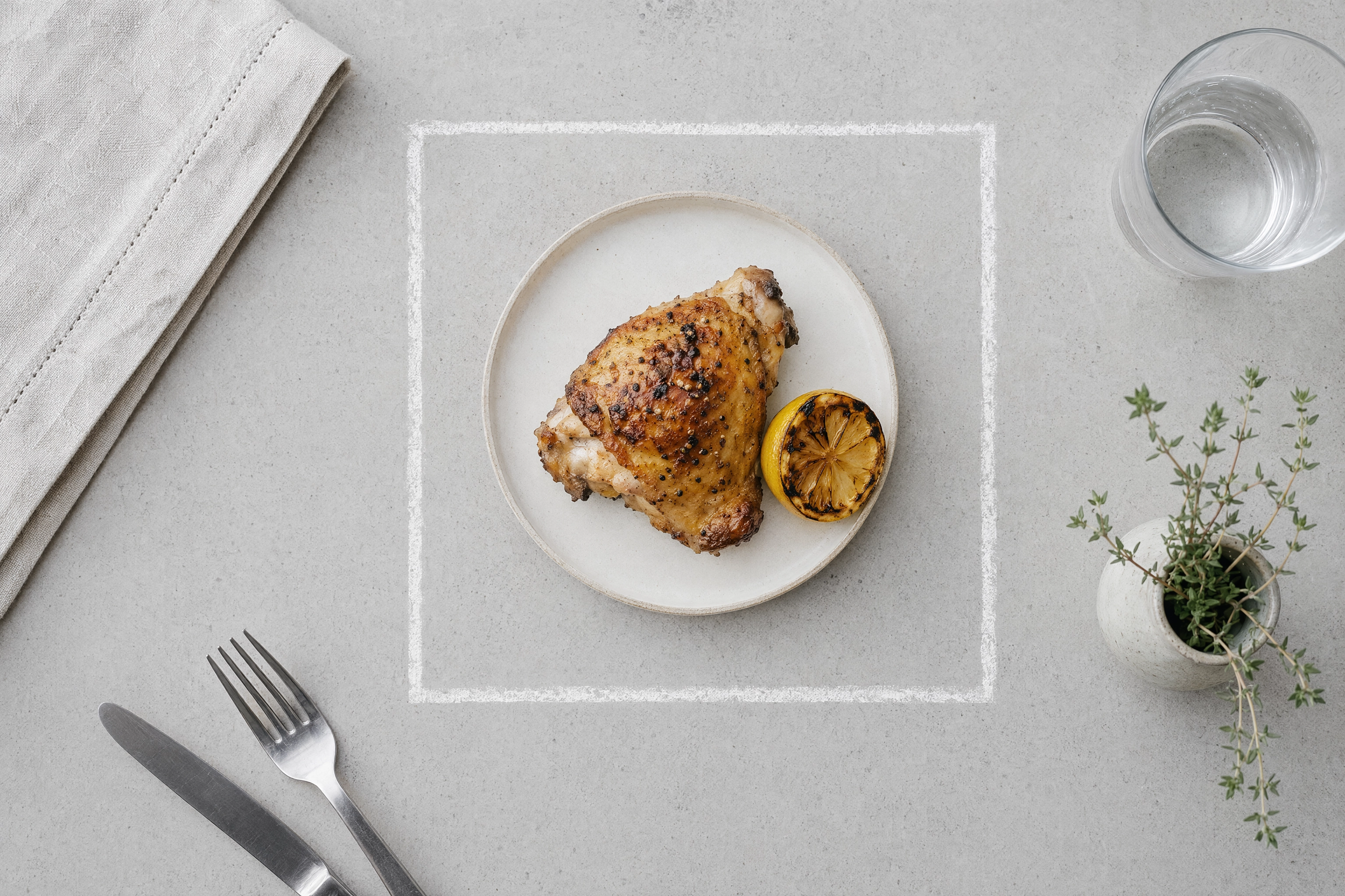 Chalk square drawn tightly around a plated dish while the table setting spills outside it, how a delivery app crops a listing