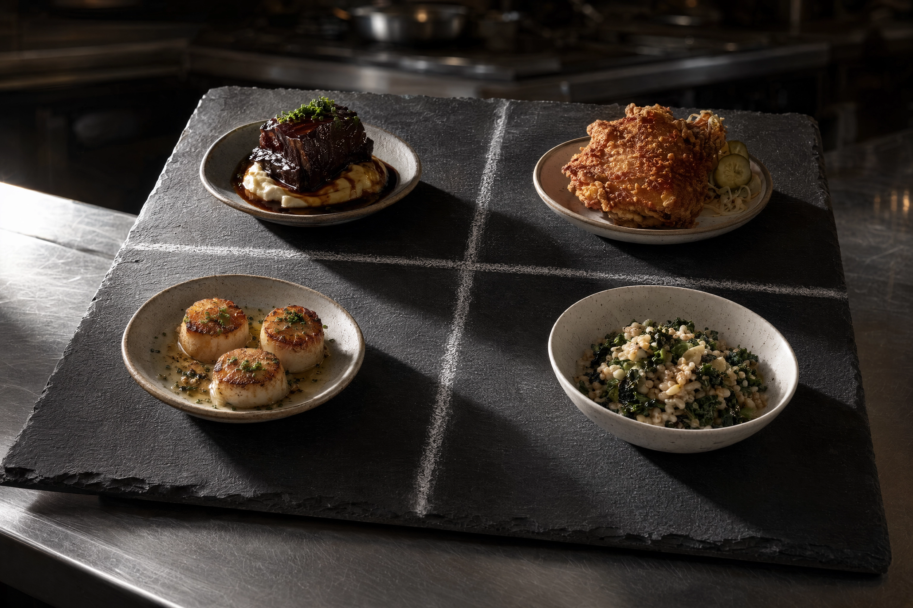 Four plated dishes placed in a chalk-drawn four-quadrant grid on a slate board, the menu engineering matrix in physical form