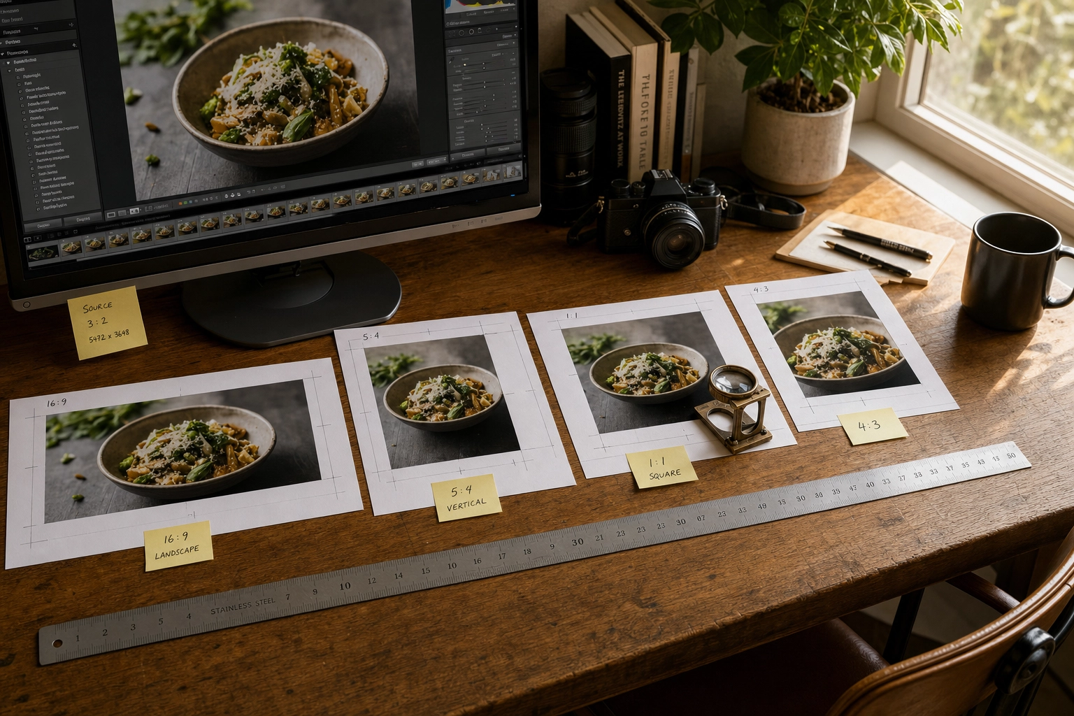Multiple aspect ratio crops of the same food photo printed and labeled showing menu photo export workflow for delivery apps