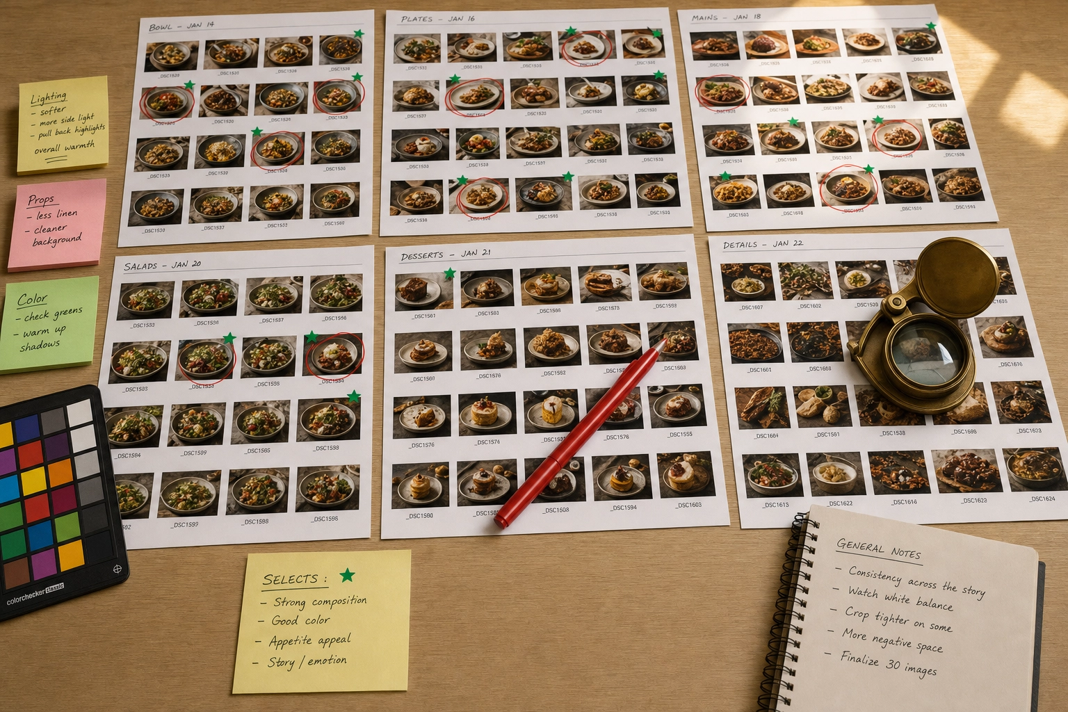 Photo editor desk with printed food photo contact sheets marked with red pen and green stickers for menu photography selection