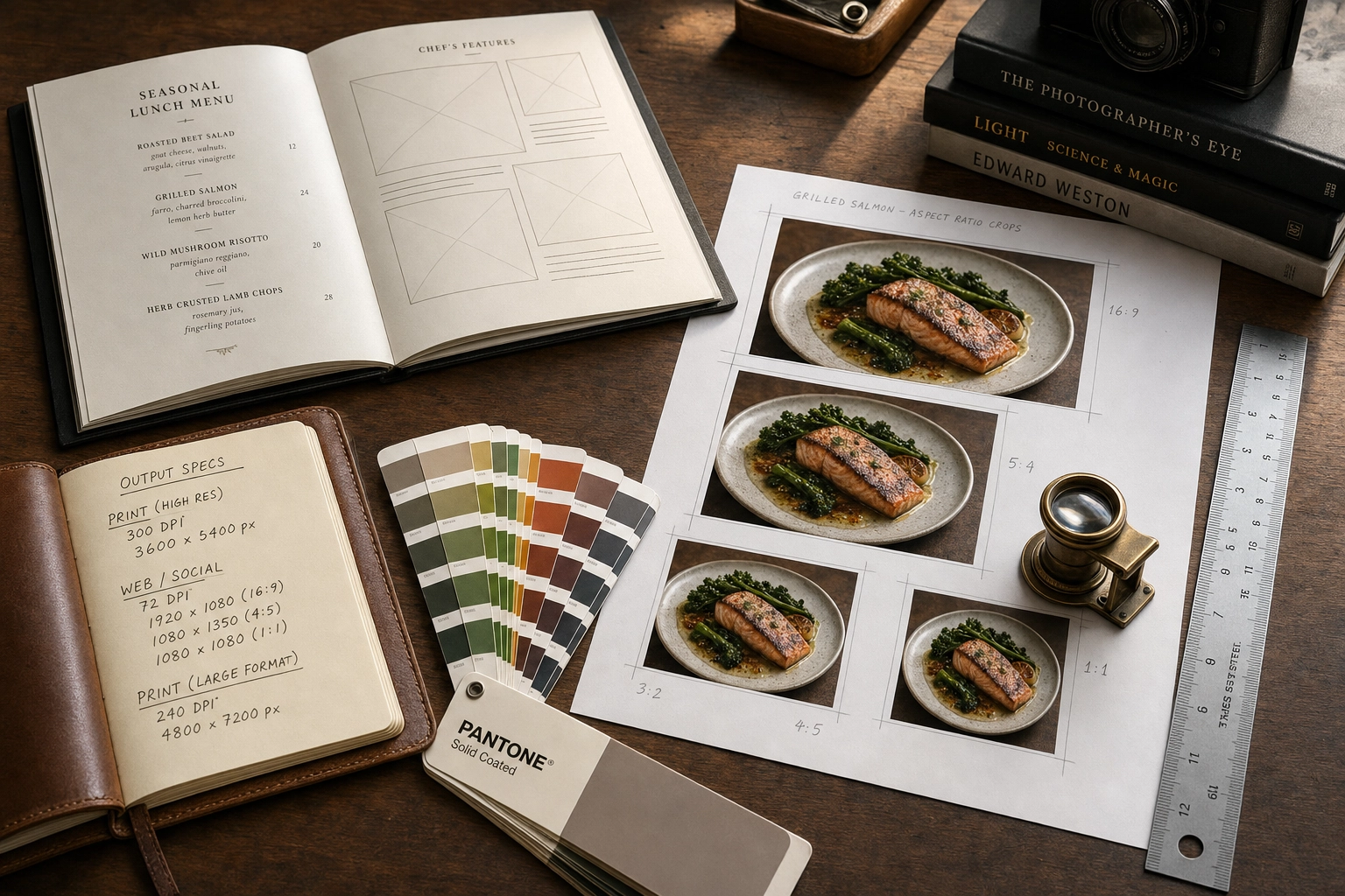 Photographer desk with printed menu, aspect ratio crop sheets, ruler, and notebook showing menu photography format specifications