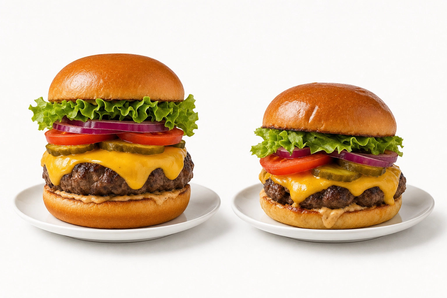 Side by side comparison of over-styled menu photograph burger versus realistic restaurant plating of the same dish