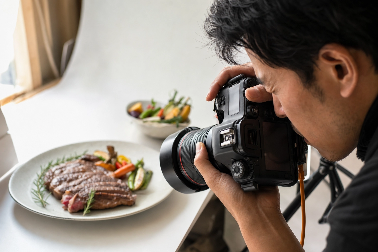 Photographer hands operating DSLR camera with viewfinder up to eye shooting plated steak dish during menu photography session