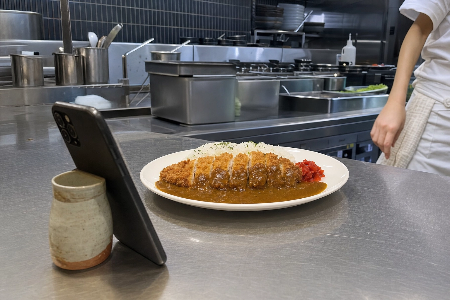 Smartphone propped on stainless steel kitchen counter photographing plated chicken katsu curry for AI menu photography workflow