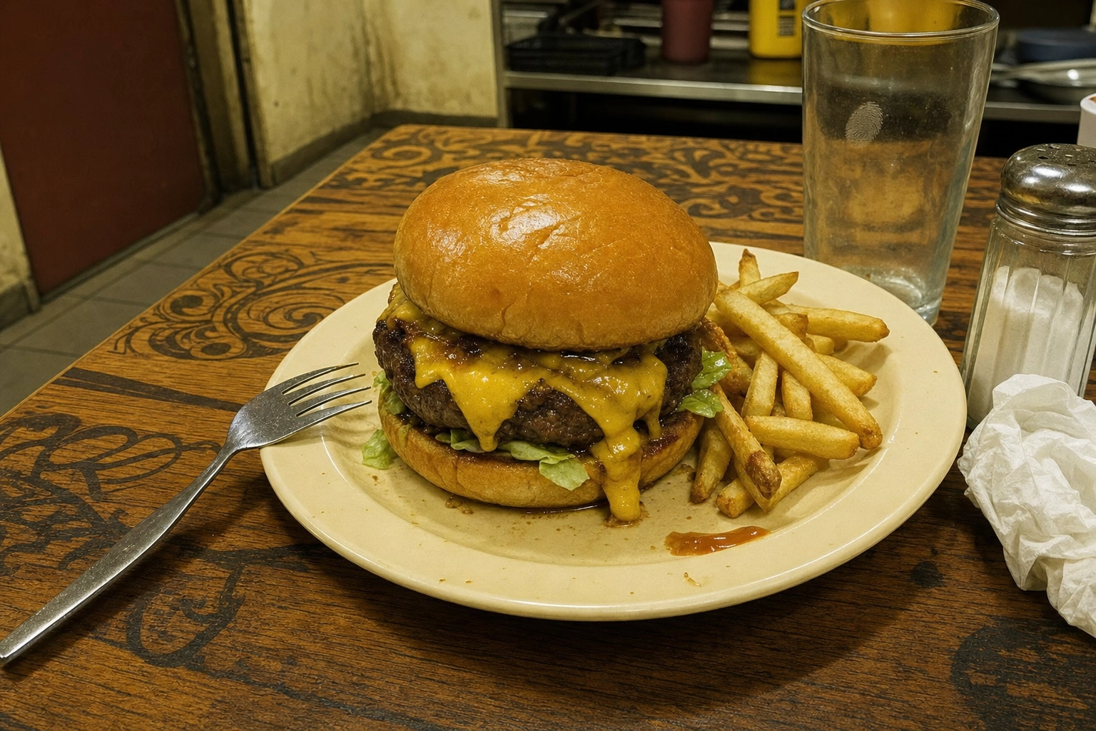 Cluttered restaurant menu photo with harsh lighting fingerprints and distracting props demonstrating common menu photography mistakes