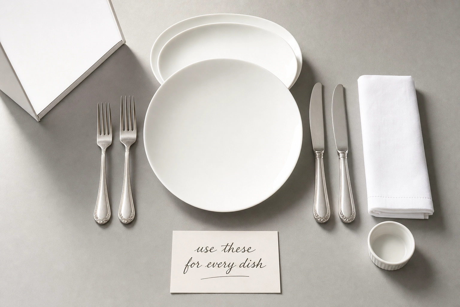 Overhead flat lay of menu photography consistency kit with white plates linen napkin matching silverware and reflector arranged on gray surface