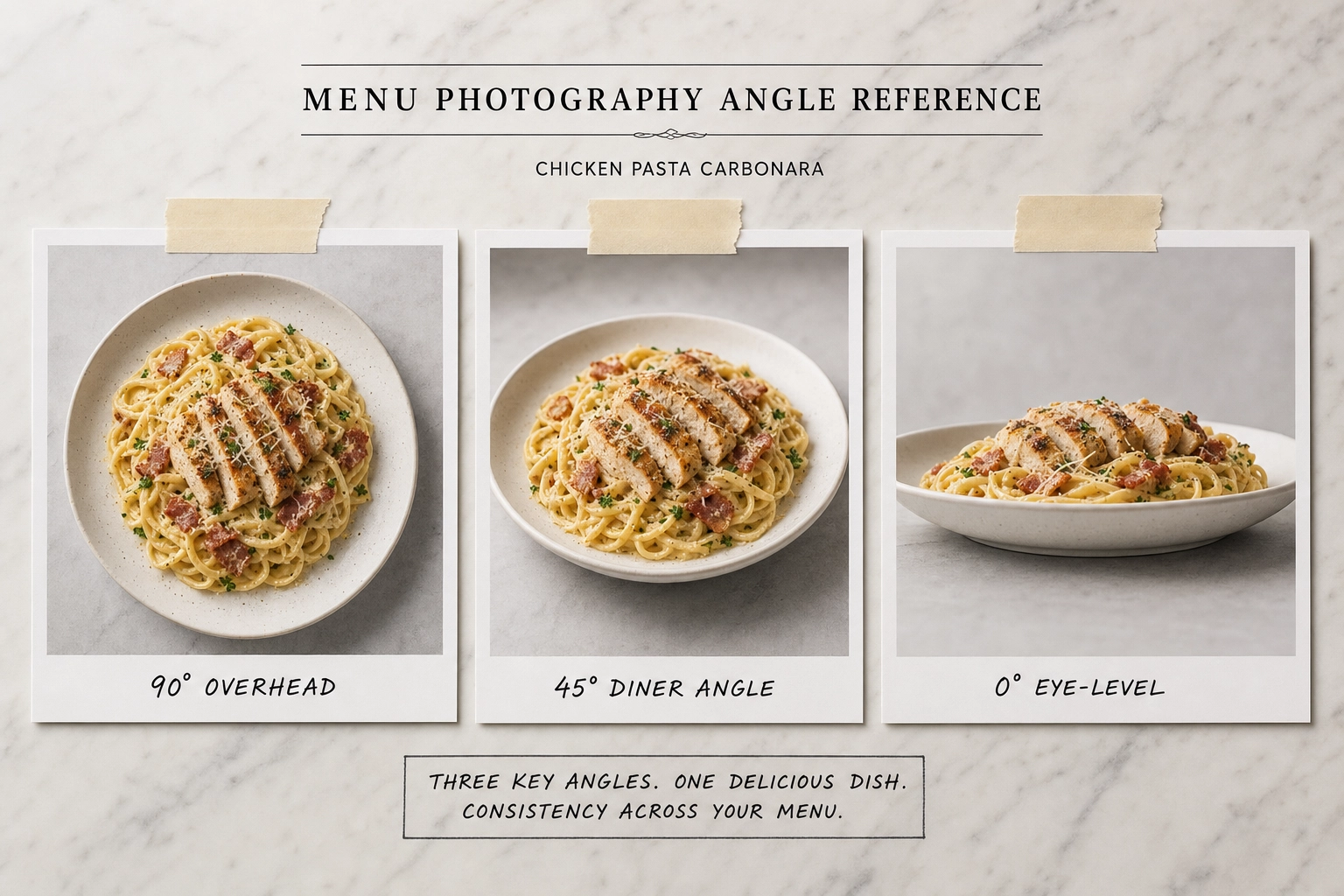 Three reference photos of the same pasta dish photographed from 90-degree overhead, 45-degree, and eye-level angles for menu photography