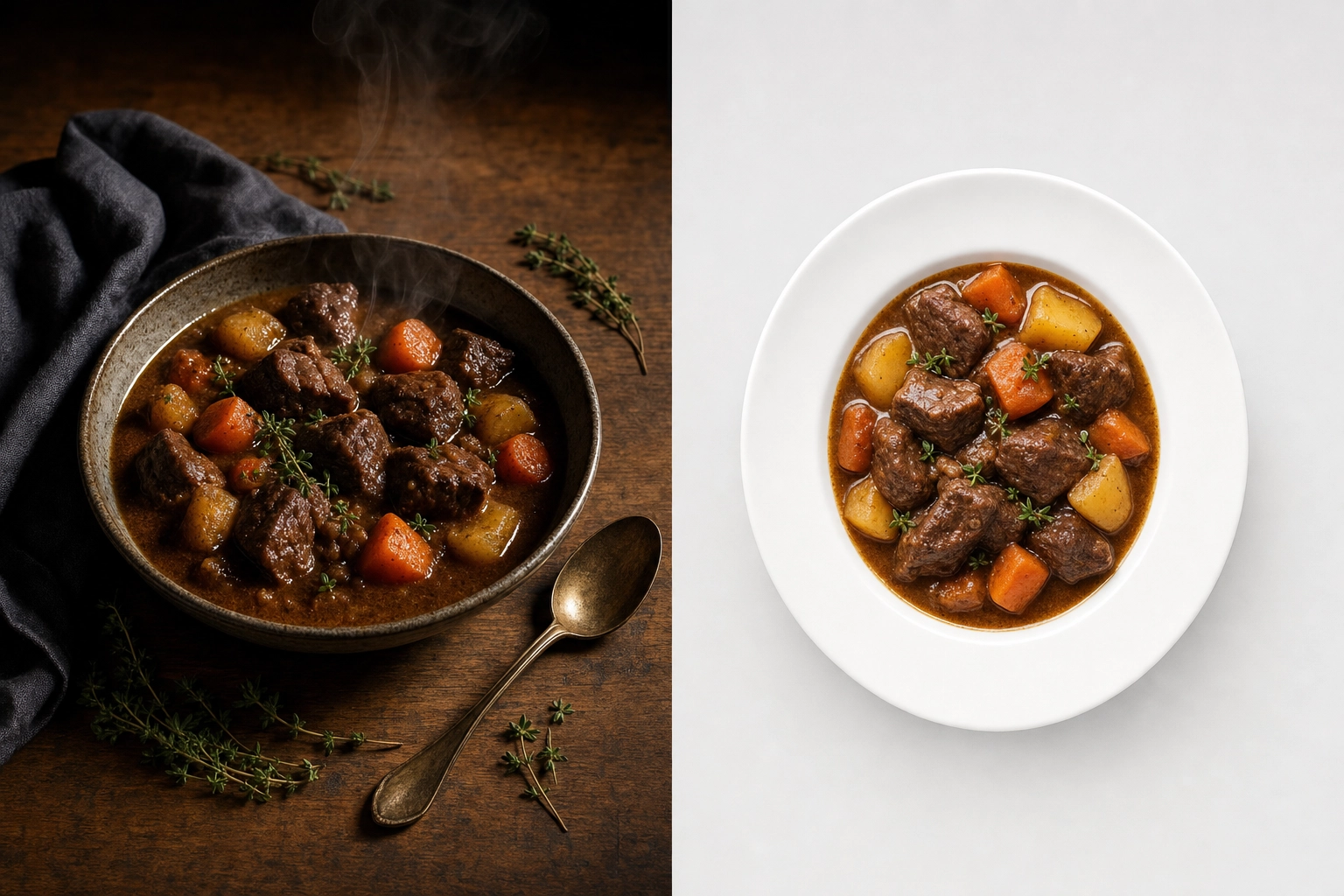 Side-by-side comparison showing artistic food photography versus clean menu photography of the same beef stew dish