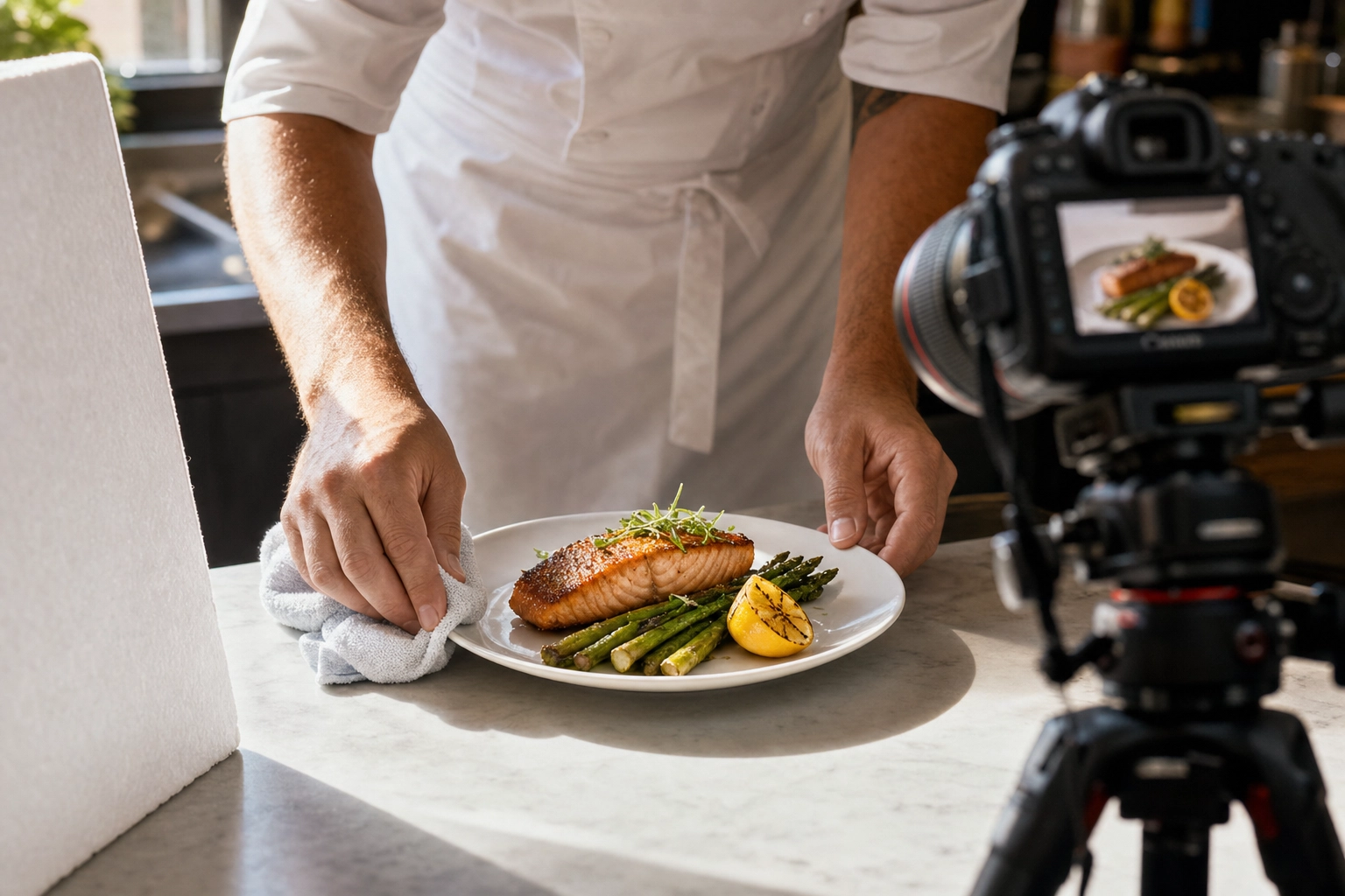 Chef hands wiping white plate edge with cloth before menu photography shot with tripod camera and reflector visible in background