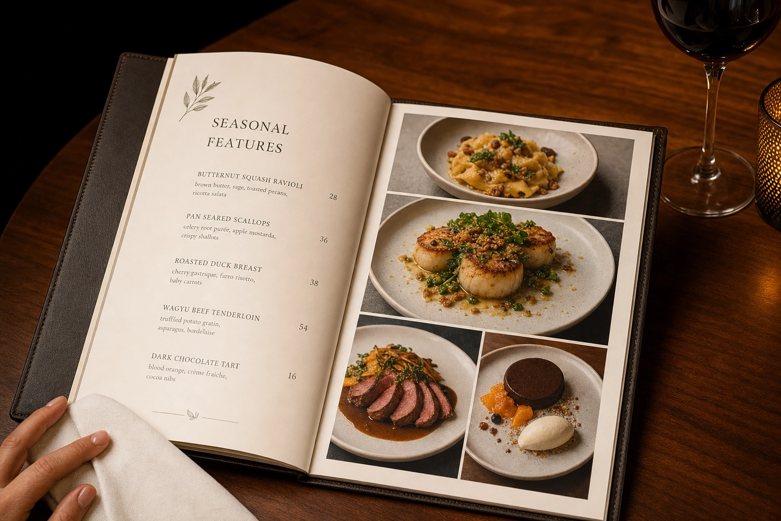 Open hardcover printed restaurant menu on walnut table showing plated dish photographs in fine dining setting