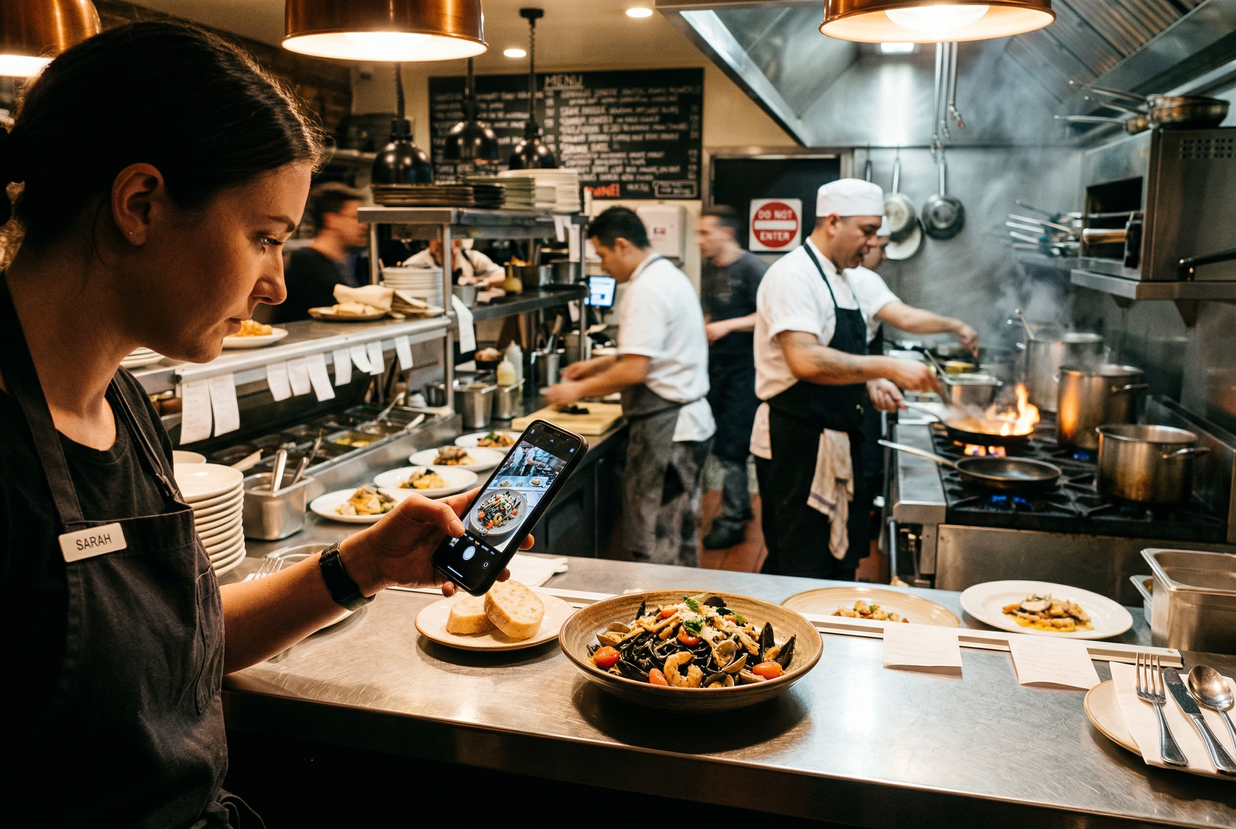 Restaurant manager photographing plated dish with smartphone during busy kitchen service for AI enhancement
