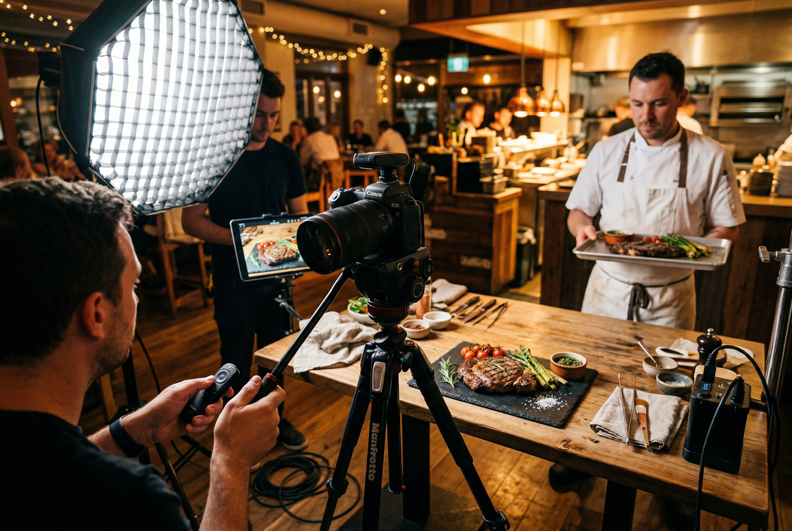 Behind-the-scenes restaurant menu photoshoot with camera on tripod and chef ready with next dish