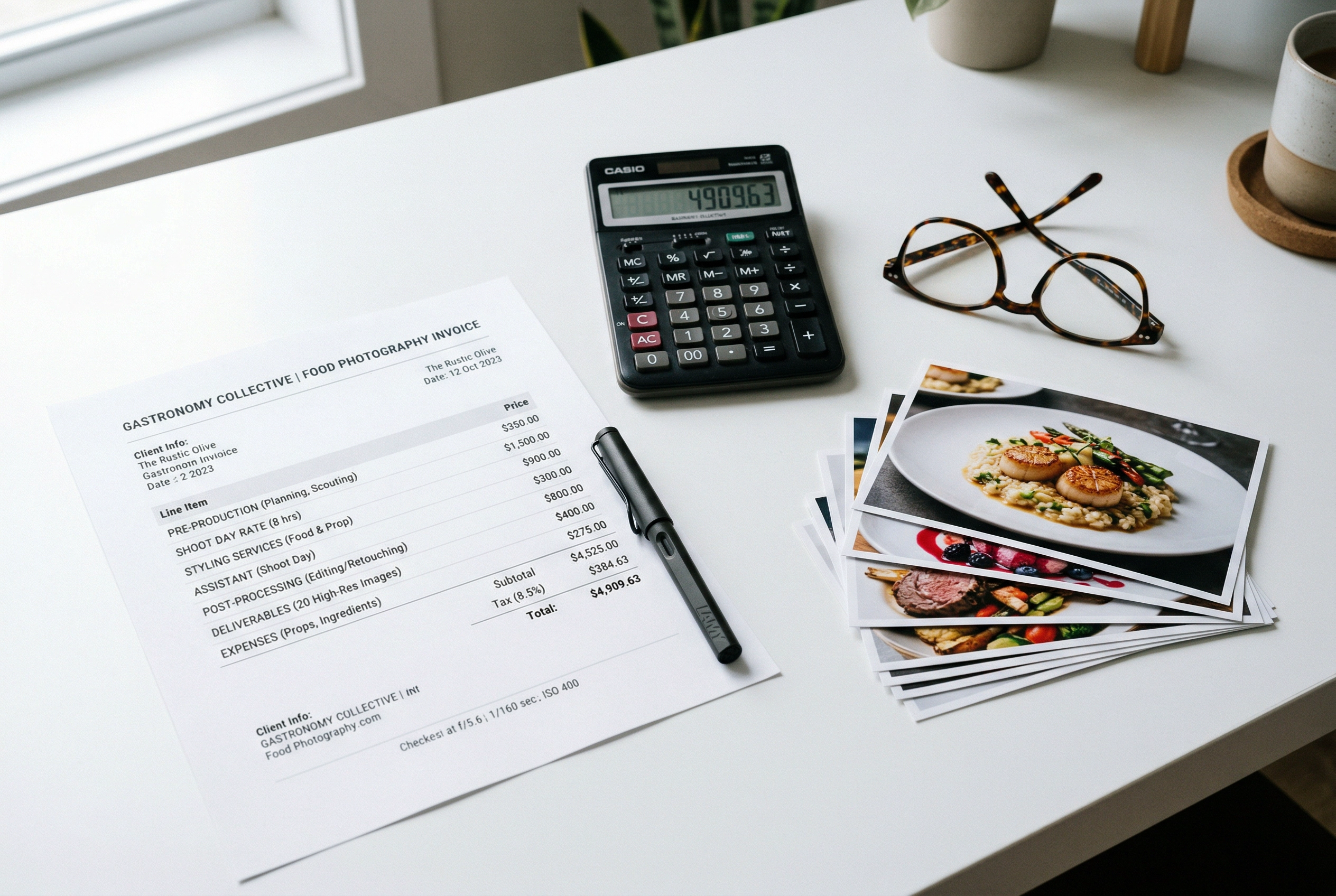 Menu photoshoot budget planning with invoice, calculator, and printed food photography deliverables on desk