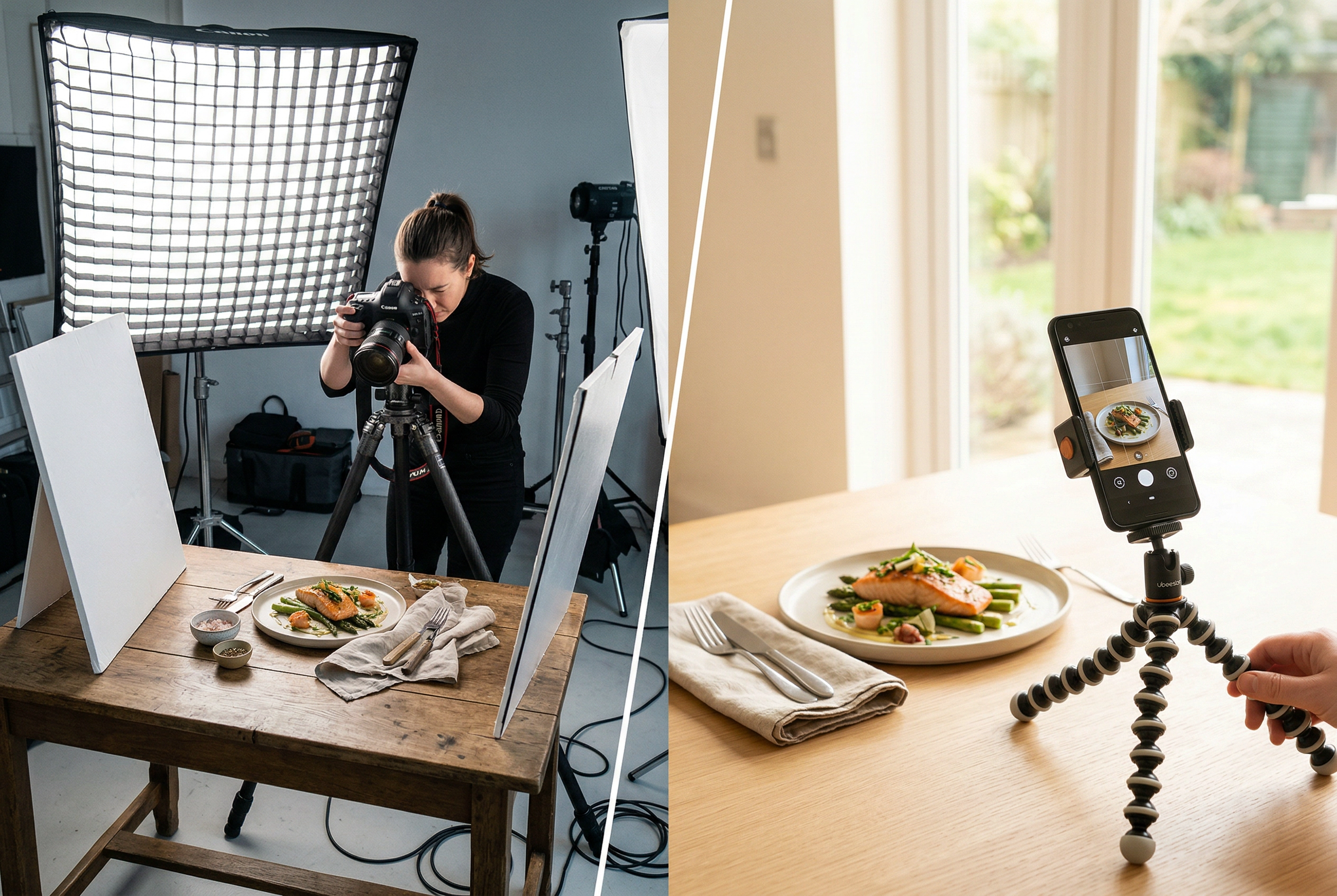 Side-by-side comparison of professional studio food photography setup versus simple DIY smartphone approach