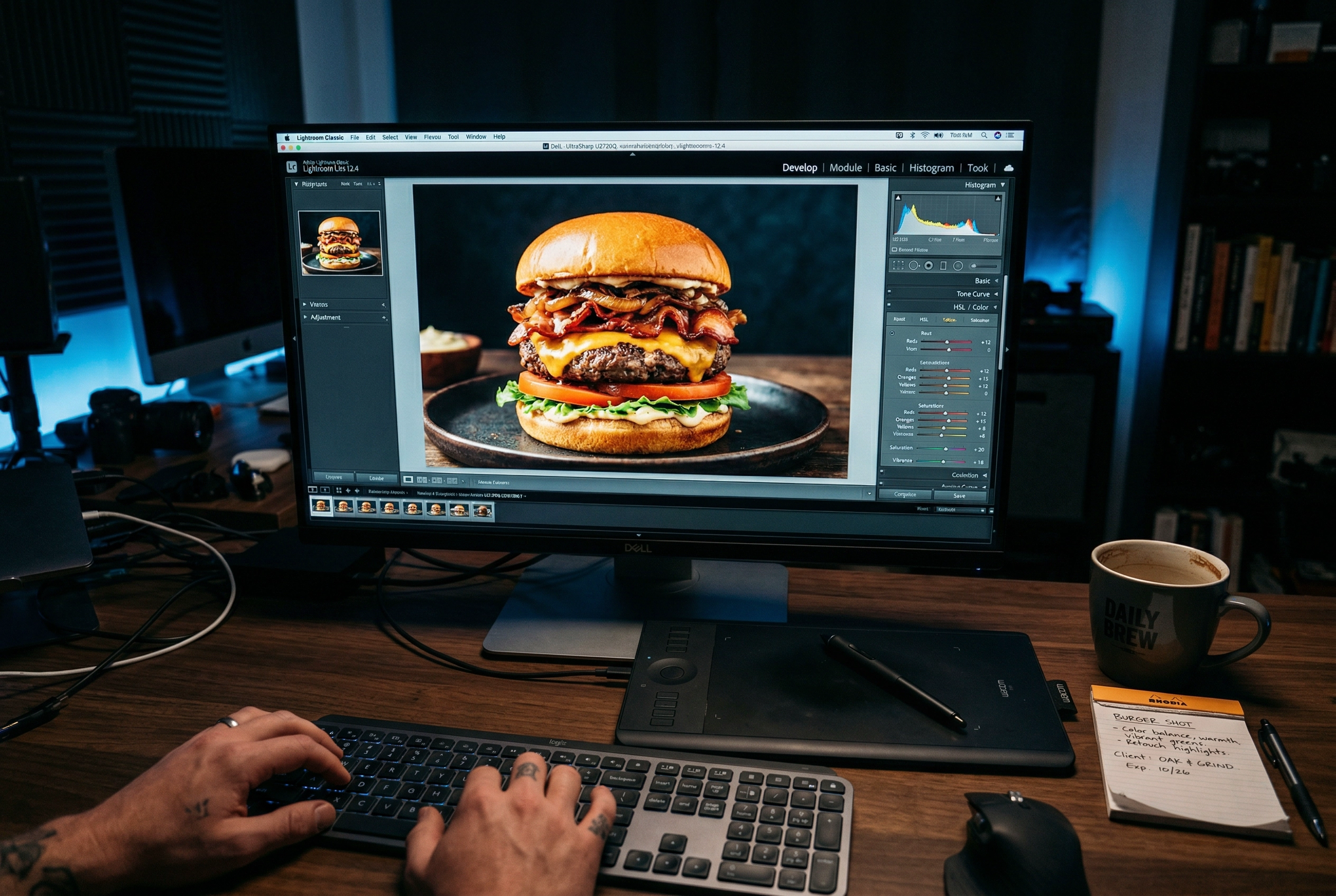 Food photo post-production editing workflow with burger image being color-corrected on desktop monitor