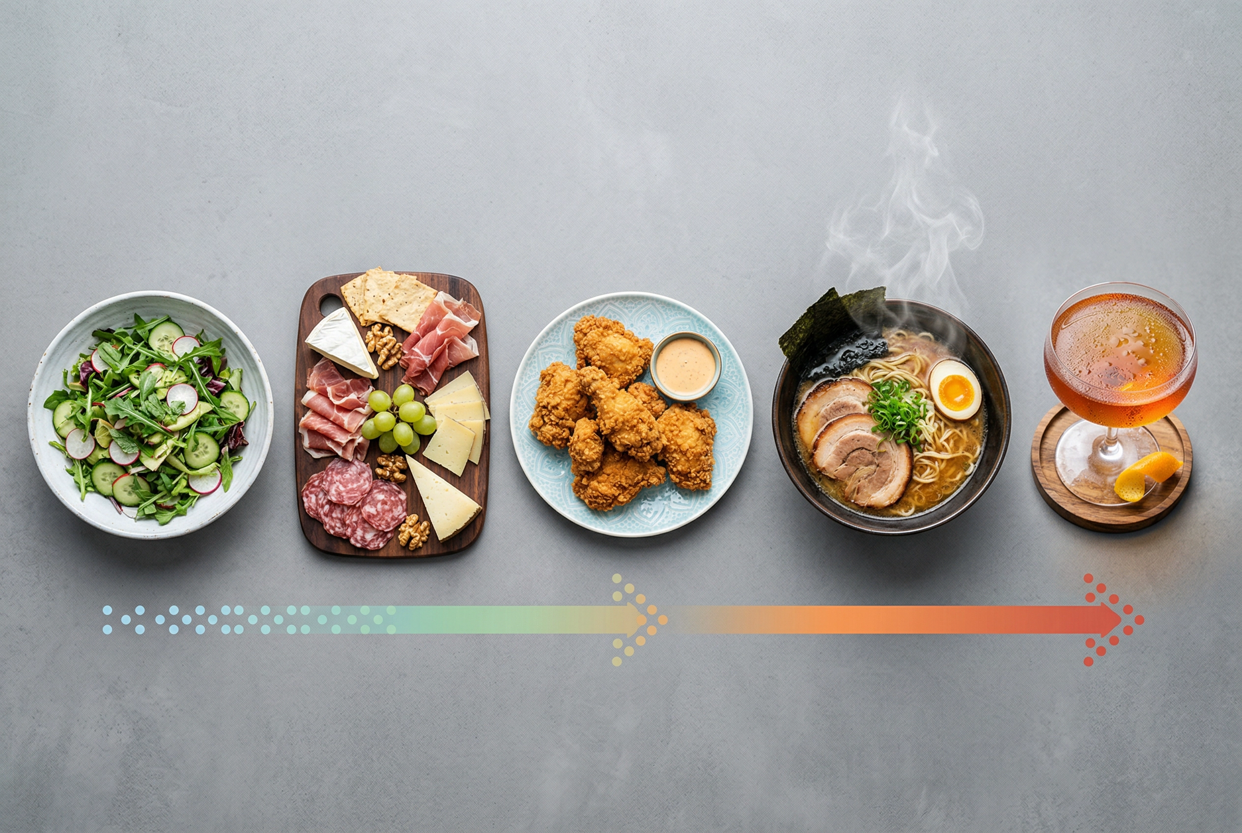 Menu photoshoot shooting order showing cold to hot dish progression from salad to cocktail