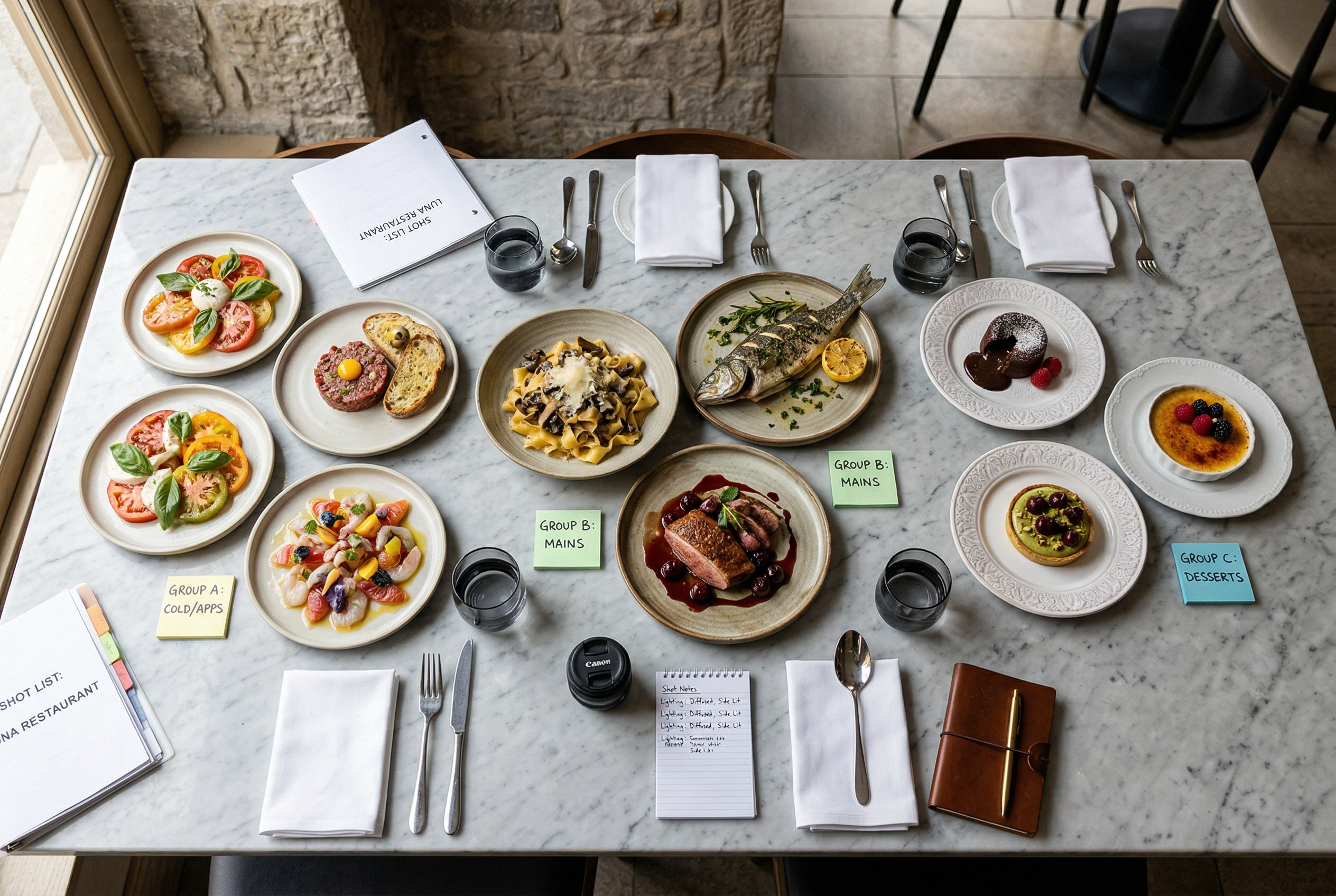Restaurant dishes organized by shooting groups on marble table for menu photoshoot shot list planning