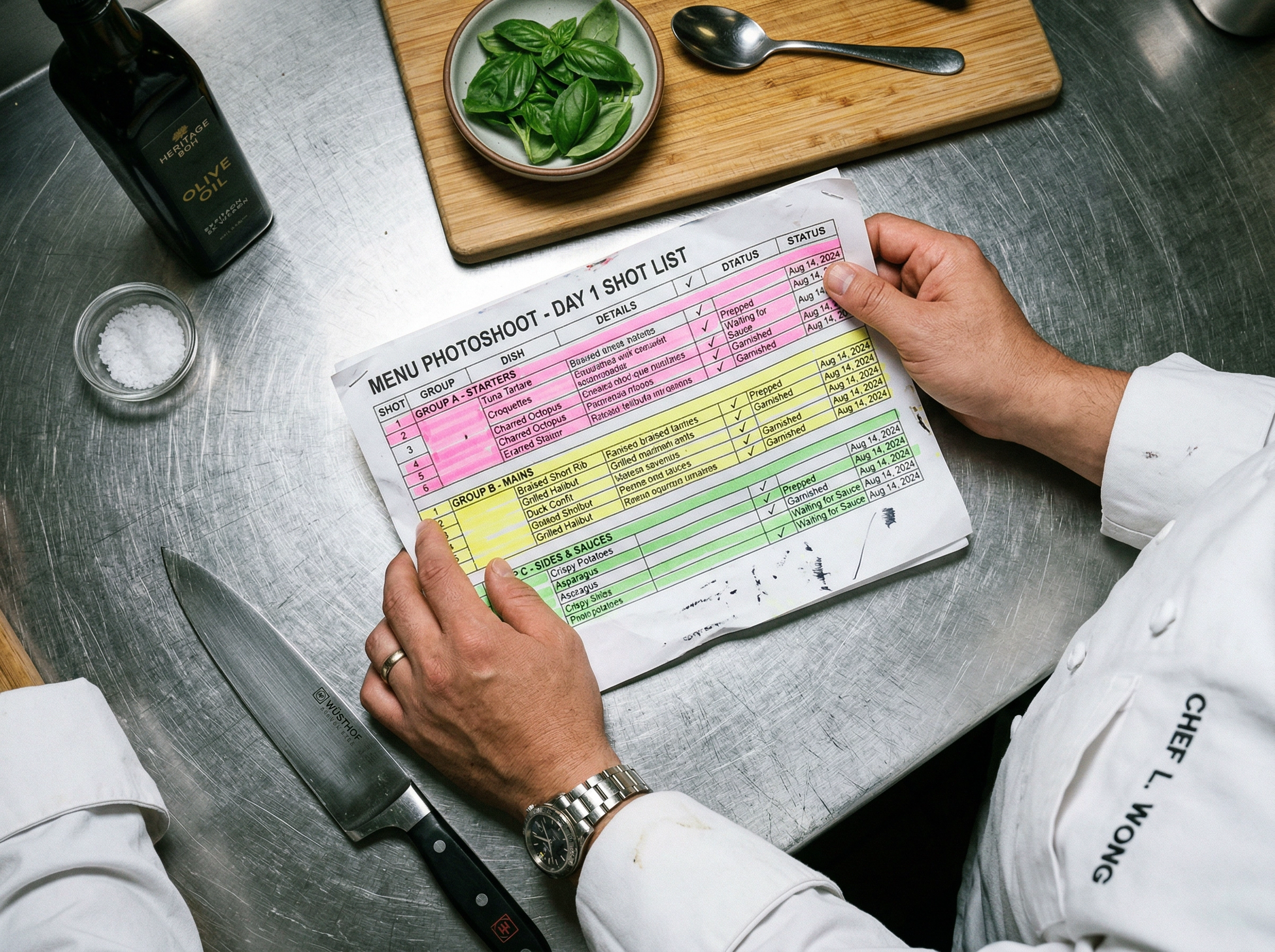 Hands holding highlighted menu photoshoot shot list over kitchen prep counter with fresh ingredients