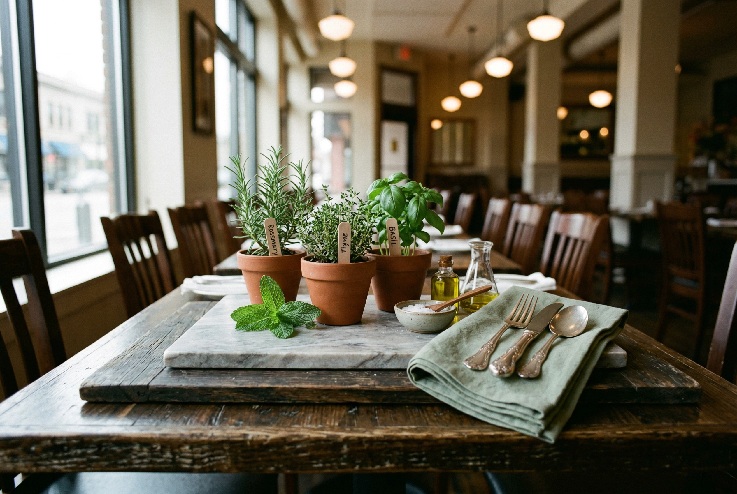 Restaurant table set up as temporary food photography station with backdrops, props, and natural morning light