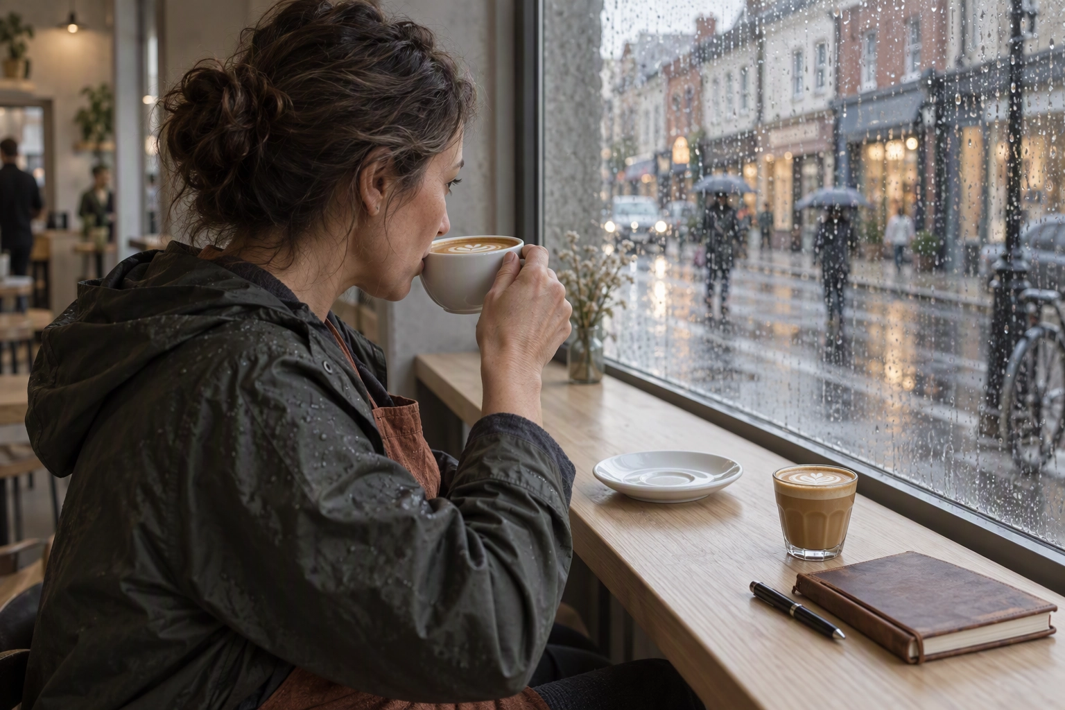 Cafe owner tasting a rival coffee shop latte at its window counter, the local market check behind competitive menu pricing